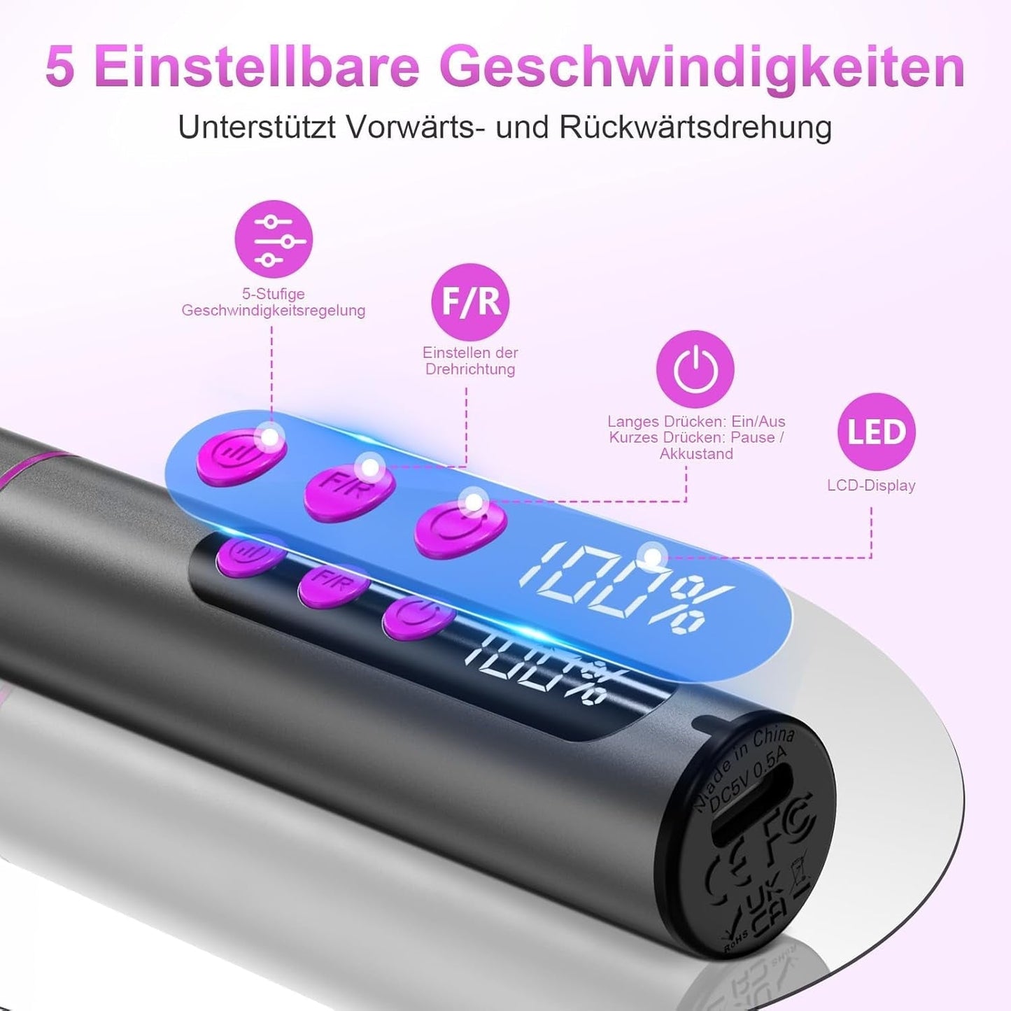 Trådløs elektrisk neglefil - 35000 RPM til gelnegle, 12 i 1 professionel negle- og akrylfil, 5-trins manicure- og pedicuresæt