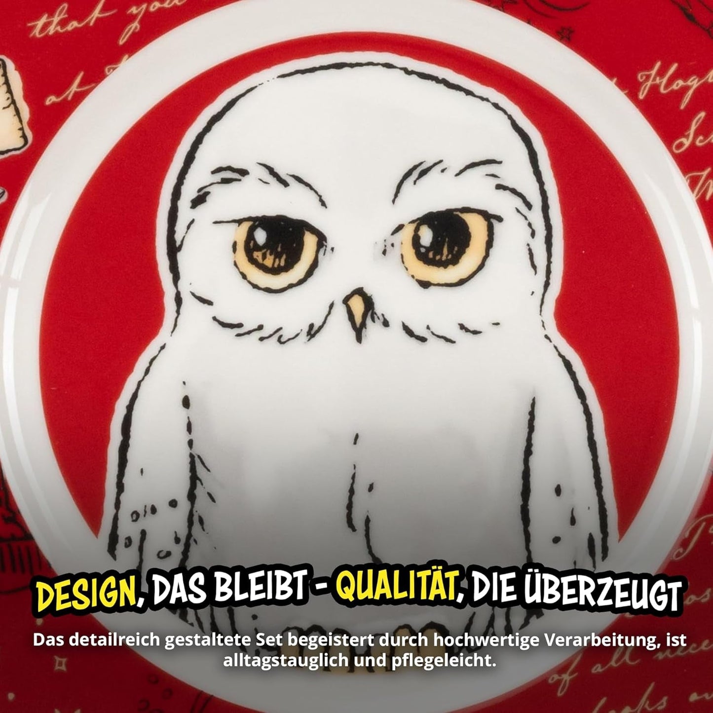 Harry Potter 3-delt servicesæt, rødt, porcelæns morgenmadssæt med tallerken Ø 19 cm, krus 220 ml og skål 330 ml, servicesæt