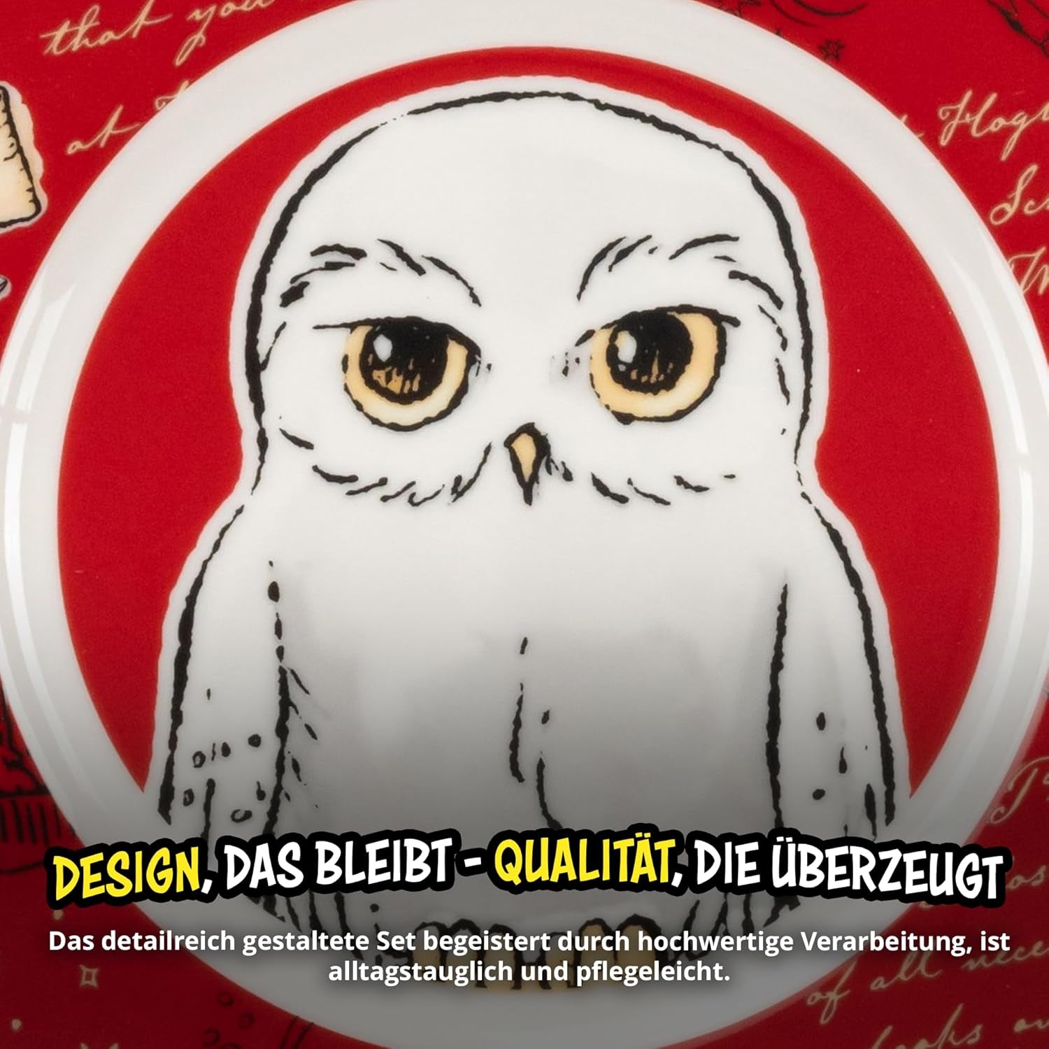 Harry Potter 3-delt servicesæt, rødt, porcelæns morgenmadssæt med tallerken Ø 19 cm, krus 220 ml og skål 330 ml, servicesæt