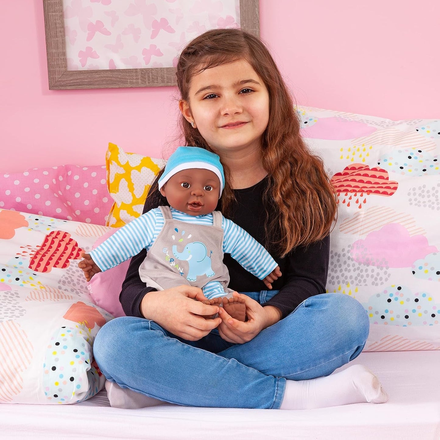 Bayer Design 94001AH interaktiv babydukke, dreng, taler, blød krop, 40 cm, mørkt læder, blå