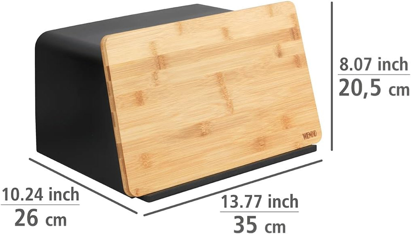 WENKO Kubo brødkurv med bambusbræt, alsidig brødopbevaring med låg og integreret bambusskærebræt, madopbevaringsboks, holdbart brødopbevaring, 35 x 20,5 x 26 cm, sorte/naturlige madopbevaringskasser Naty Shop
