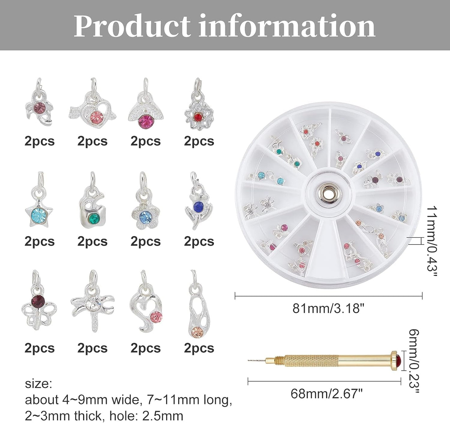 OLYCRAFT 24 stk Nagelschmuck Ringe Dangle Nail Art Zubehör Mit Nagelpiercing Tool Nagelbohrer Manueller Bohrer Aus Legierung Für Tips, Acryl, Gele Und Dekorationen
