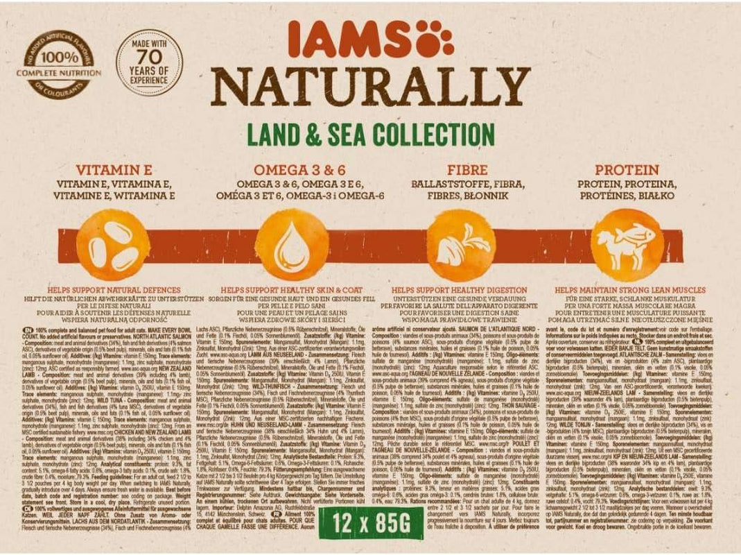 IAMS Natural Wet Cat Food i Sauce - Højkvalitets kød- og fiskevådfoder til voksne katte, Land & Sea Collection, 12 x 85g