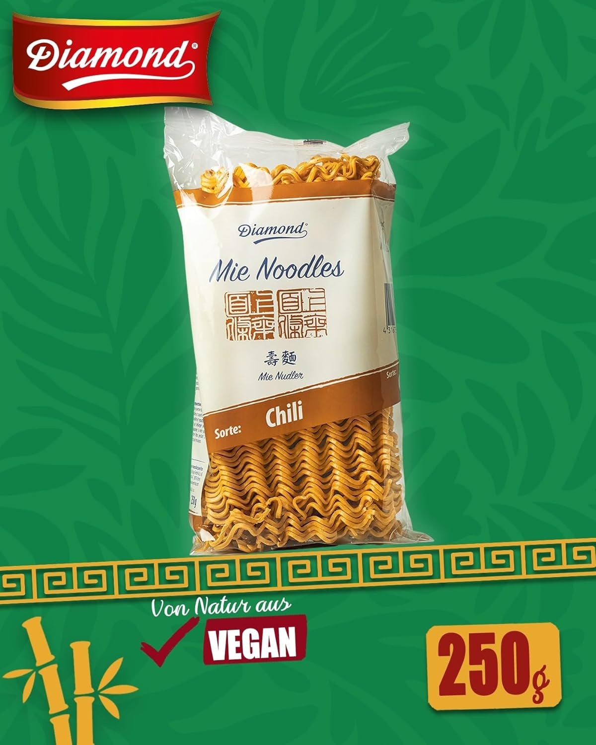 DIAMOND Mie Chili Nudler, hvedenudler med chilipulver, ægfri, hurtig og nem, vegetarisk - 1 x 250 g