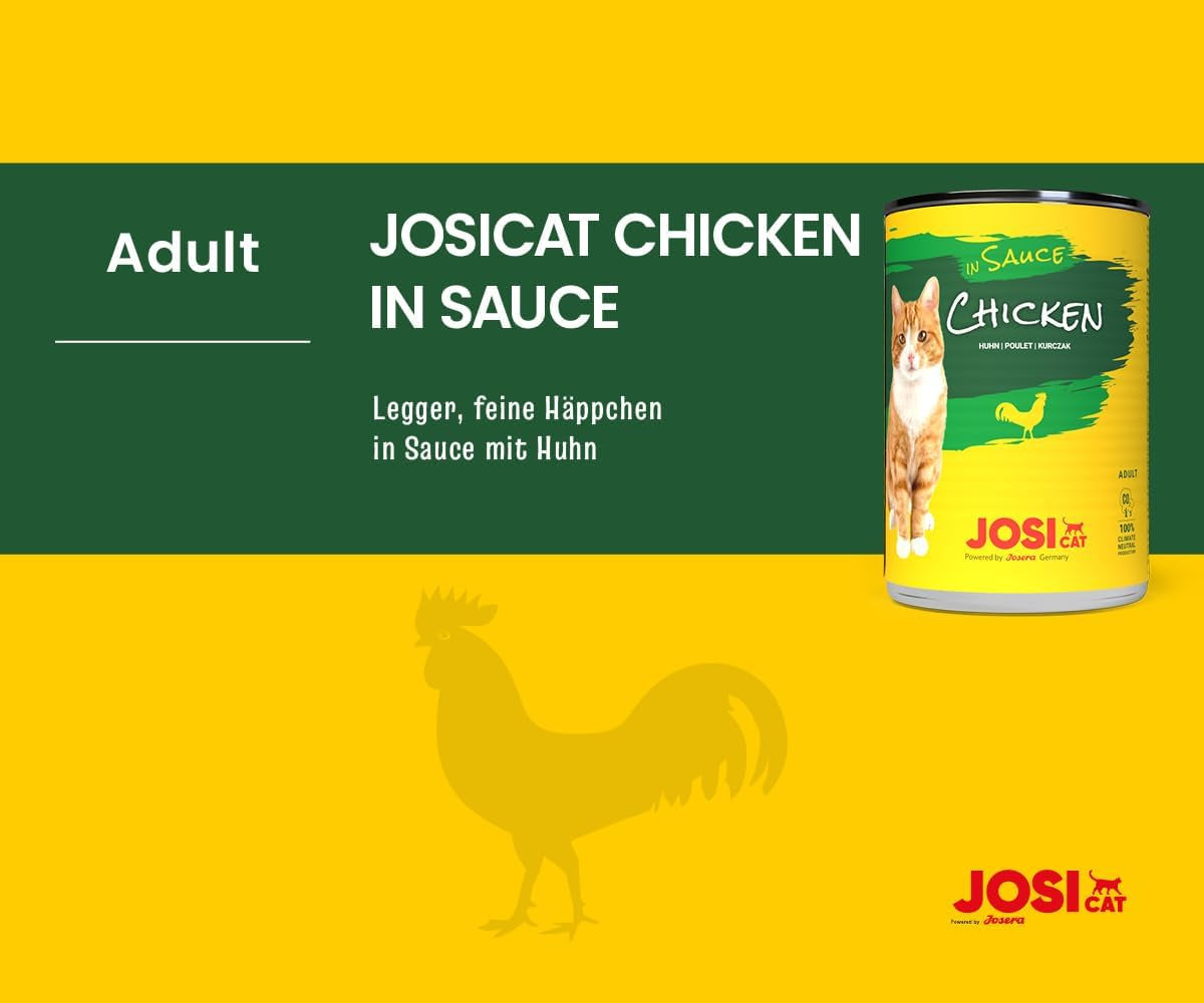JosiCat Kylling i Sauce (12 x 415 g) | Voksen | Premium vådfoder til voksne katte | Kylling i sauce | Vitamin D3 og E | Drevet af JOSERA | Vådfoder til katte | Komplet mad | Pakke med 12