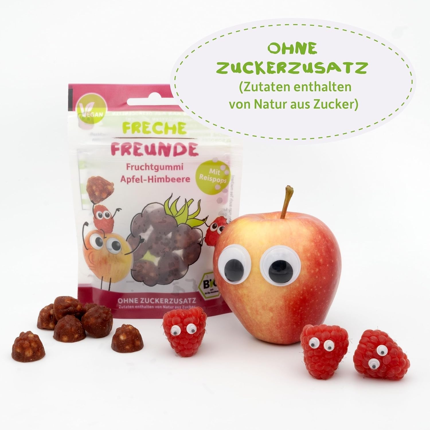 FRECHE FREUNDE Økologiske frugtgeléer, æble, hindbær og ris slikkepinde, frugtagtig sød snack til børn, glutenfri, vegansk, pakke med 20 stk (20 x 30 g)