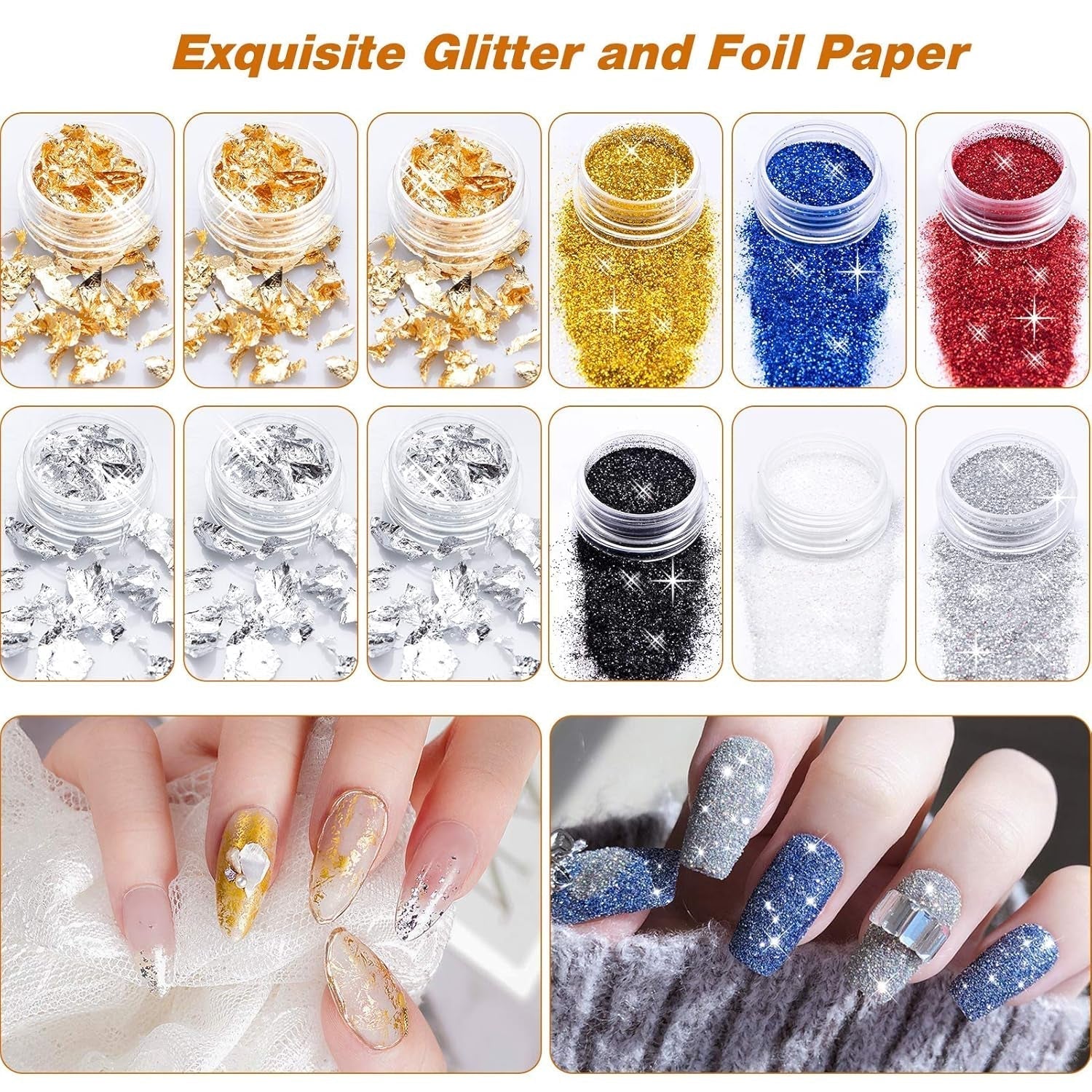 MELLIEX 45 Stück Nail Art Dekoration Zubehör Sæt, Nägel Pinsel Strasssteine ​​Glitzer Goldfolie Nageldesign Dotted Pen Streifenband Für Nagelkunst Maniküre Set