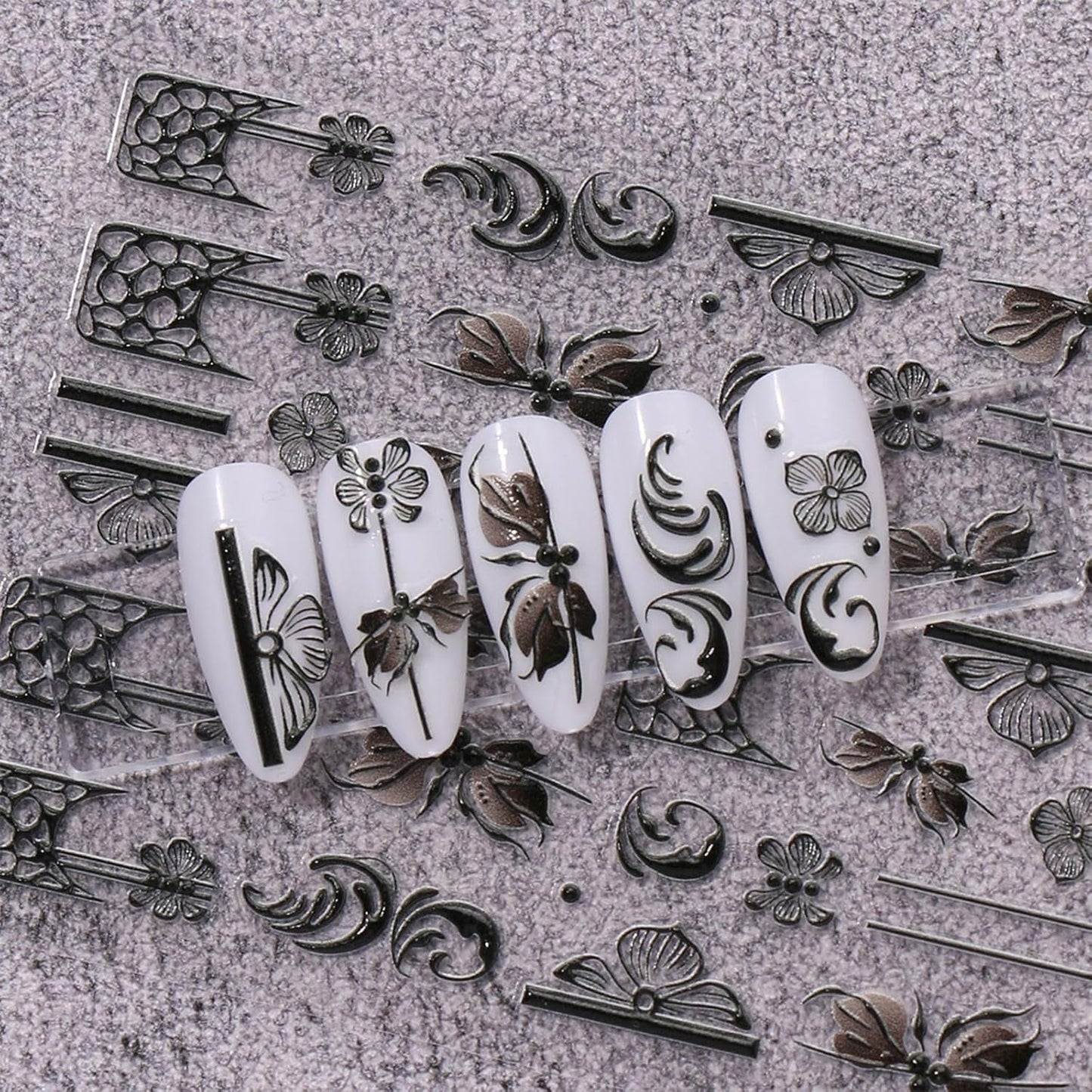 JMEOWIO 3D Nagelsticker Schwarz Weiß Blume Nail Art Sticker Selbstklebend Nagelaufkleber 5D Stereoskopisk Blumen Dekoration Nageldesign Zubehör 4 Blatt