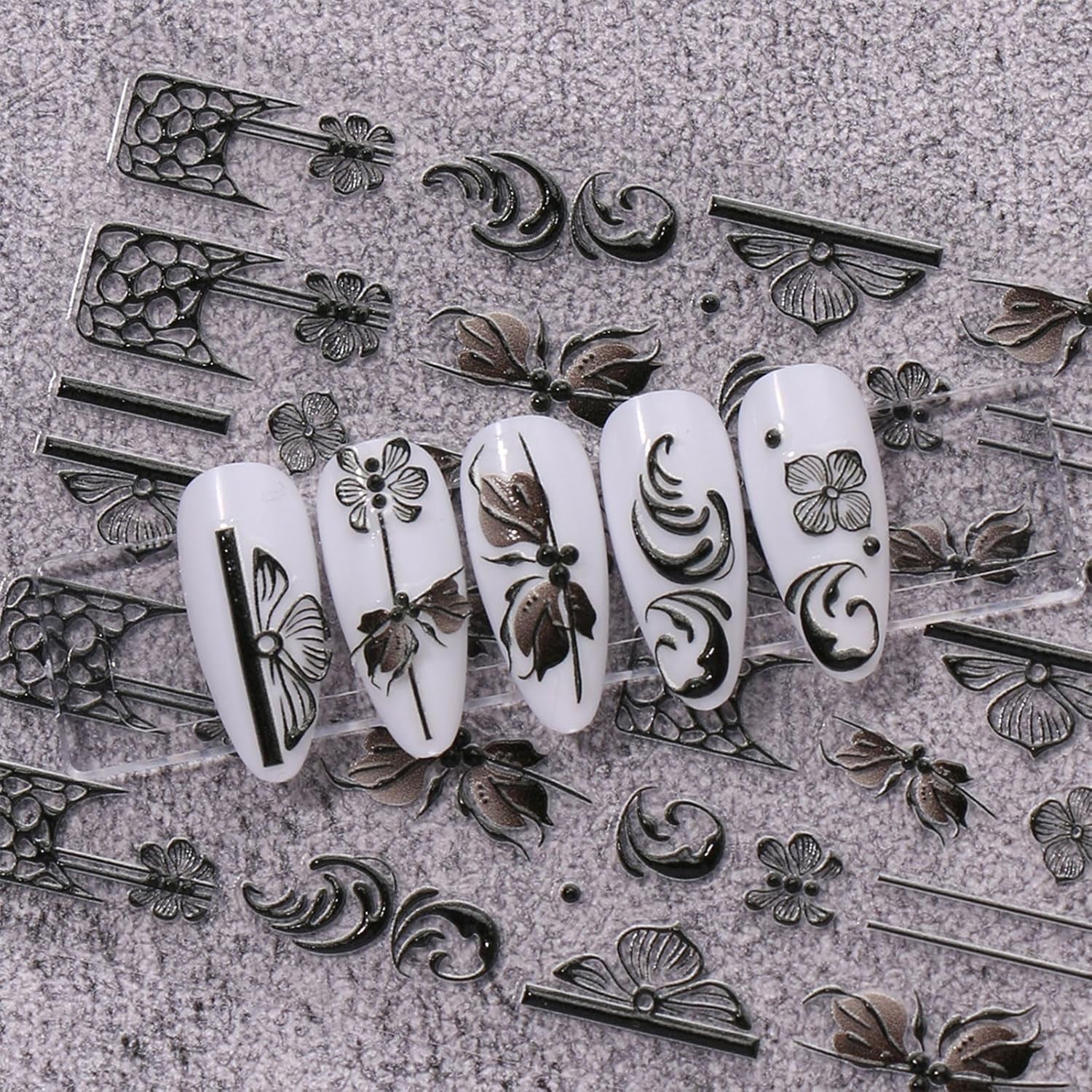 JMEOWIO 3D Nagelsticker Schwarz Weiß Blume Nail Art Sticker Selbstklebend Nagelaufkleber 5D Stereoskopisk Blumen Dekoration Nageldesign Zubehör 4 Blatt