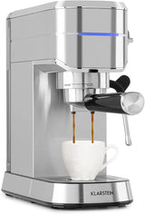 Klarstein Futura Espressomaskine, Bærbar Filter Espressomaskine, 1450 W, 20 bar, Barista Kvalitet, Dobbeltmundstykke, Flowstop, Bærbar Filter Espressomaskine, Mælkeskummerfunktion, Sølv