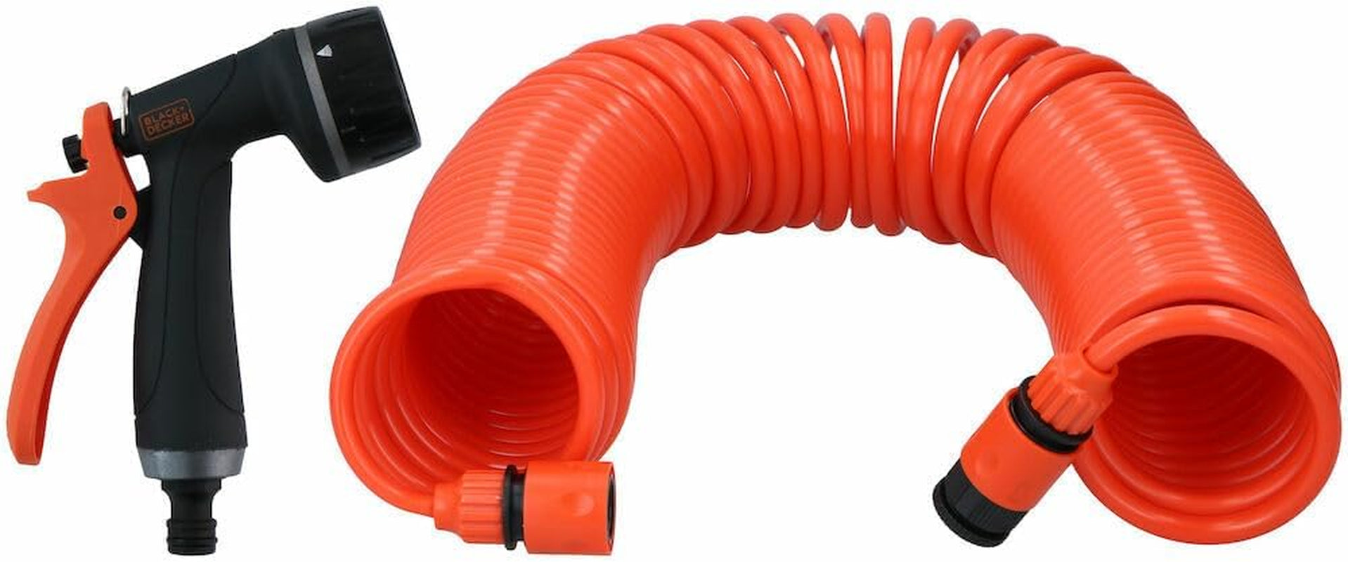 BLACK+DECKER Oprullet slange 15M - Haveslange inklusive havesprøjte og 1/2" fittings - Plast - Orange/Sort