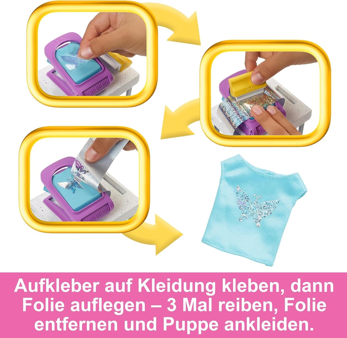 Barbie Fashion Boutique legesæt - foliemønsterdukke, over 150 originale looks, inkluderer 2 bluser og 5 folieark, tøjstativ og kreditkortlæser, 3+, HKT78