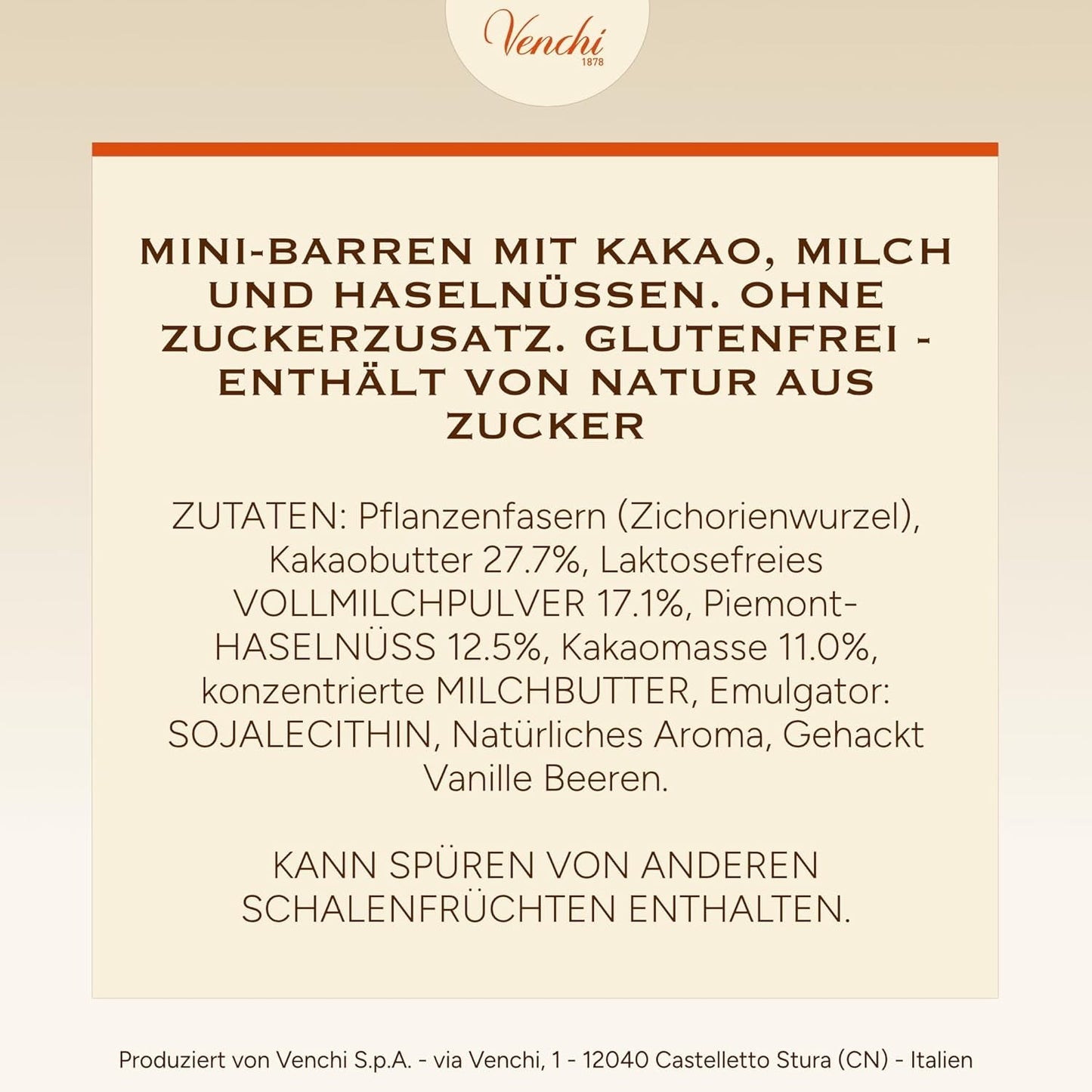 Venchi - Chokoladebarer med mælk og hasselnødder - 70% sukker - Praliner med BGB Piemonte hele hasselnødder, 1 kg - Glutenfri