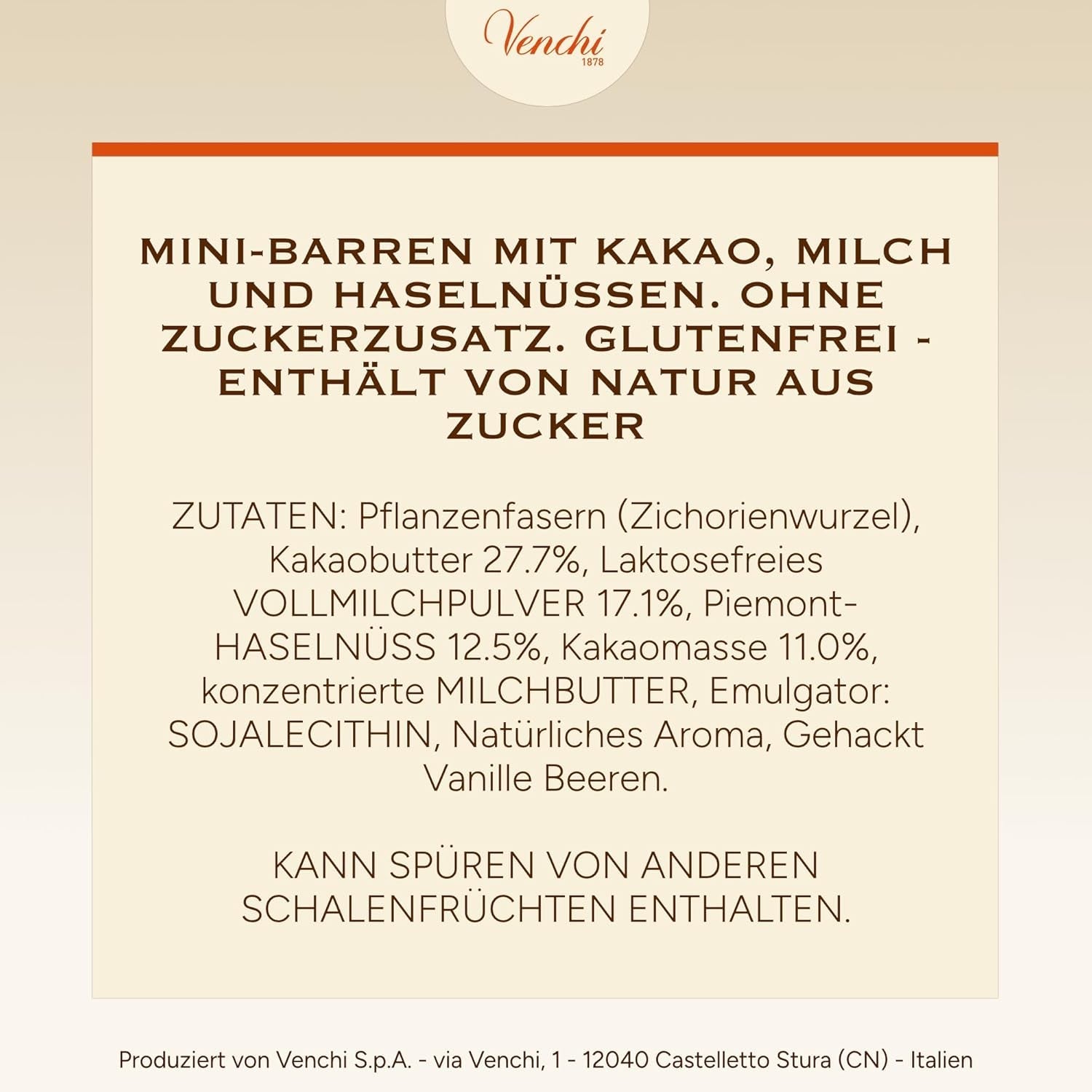 Venchi - Chokoladebarer med mælk og hasselnødder - 70% sukker - Praliner med BGB Piemonte hele hasselnødder, 1 kg - Glutenfri
