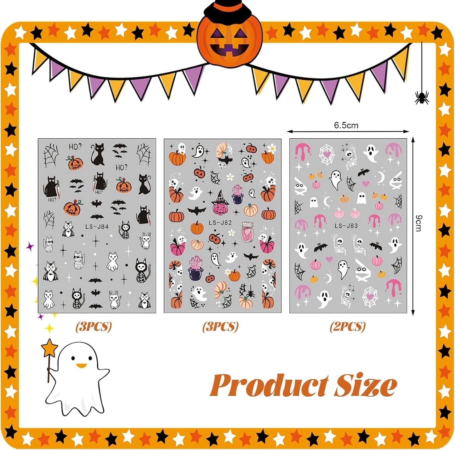 Nagelsticker Halloween, 8 Blätter Halloween Nagelsticker, Kürbis Nail Sticker, Nail Art, Nagel Charms, Nagel Zubehör, Nageldesign, Jul (Typ A)