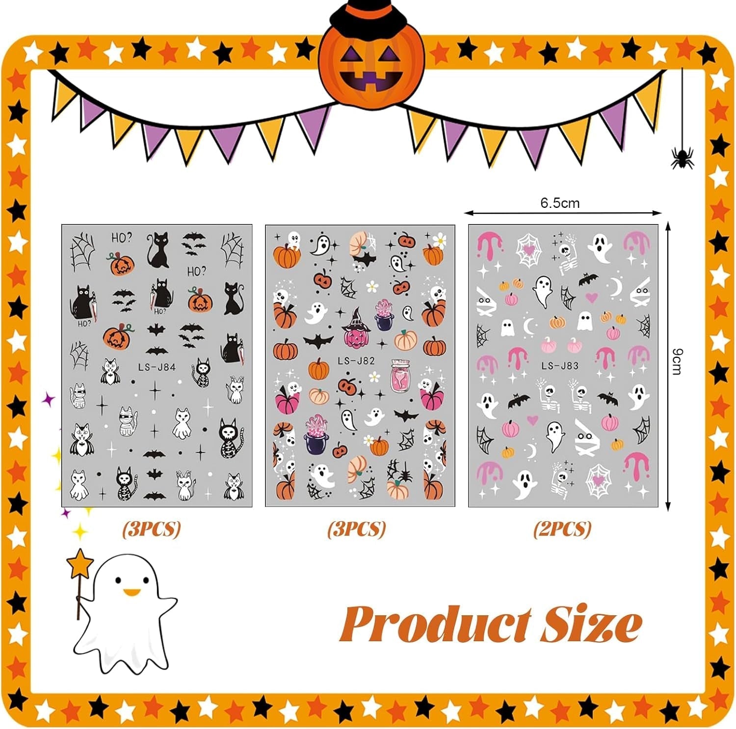Nagelsticker Halloween, 8 Blätter Halloween Nagelsticker, Kürbis Nail Sticker, Nail Art, Nagel Charms, Nagel Zubehör, Nageldesign, Jul (Typ A)