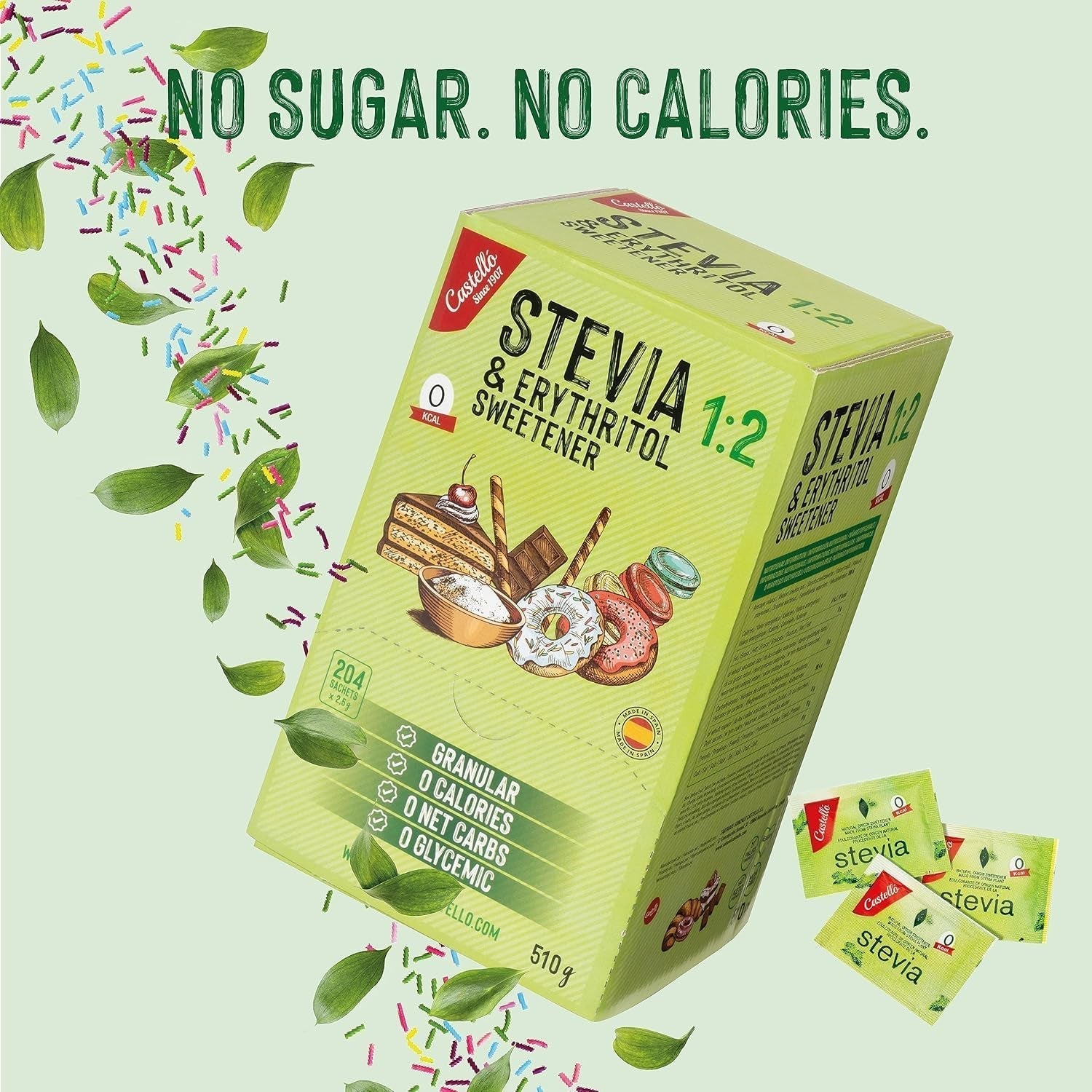 Stevia + Erythritol 1:2 Süßstoff | 204 Mytetaske 2,5 G | 100% Natürlicher Zuckerersatz - 0 Kalorien - 0 Glykämischer Index - Keto Und Paleo - 0 Kohlenhydrat - Kein GVO - Castello siden 1907-510 G Sweeteners Naty Shop