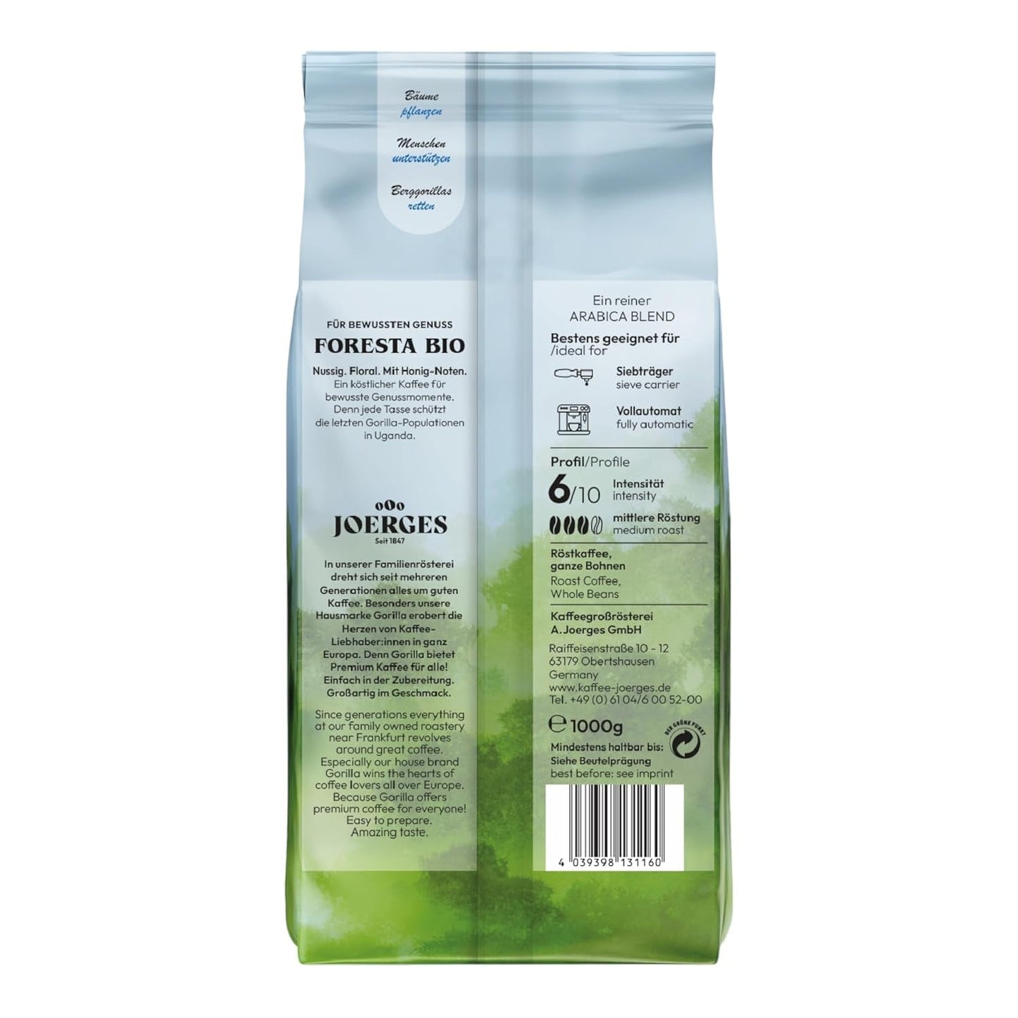 Gorilla Foresta kaffe 6 x 1000g helstristede bønner | Arabica blanding | Portafilter og fuldautomatiske espressomaskiner | Espresso kaffe