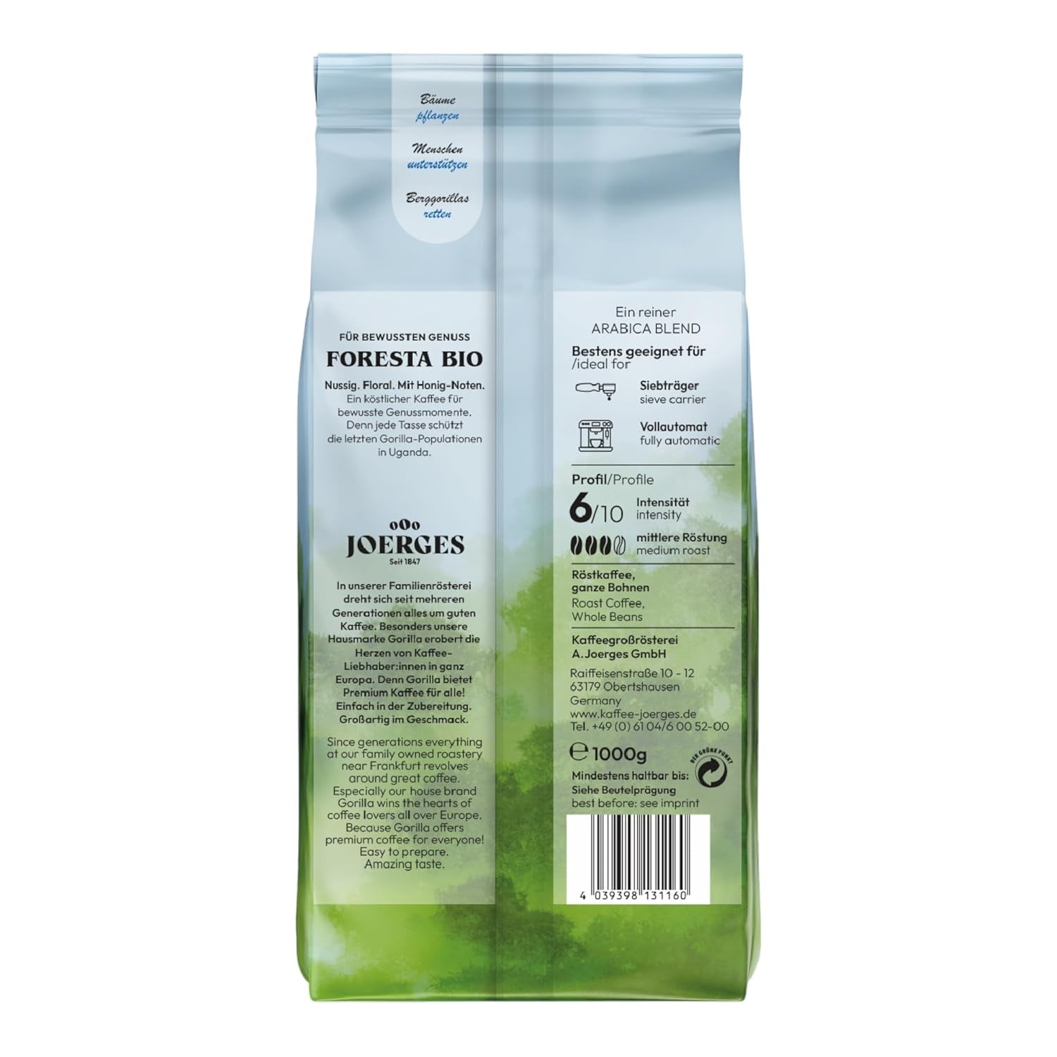 Gorilla Foresta kaffe 6 x 1000g helstristede bønner | Arabica blanding | Portafilter og fuldautomatiske espressomaskiner | Espresso kaffe