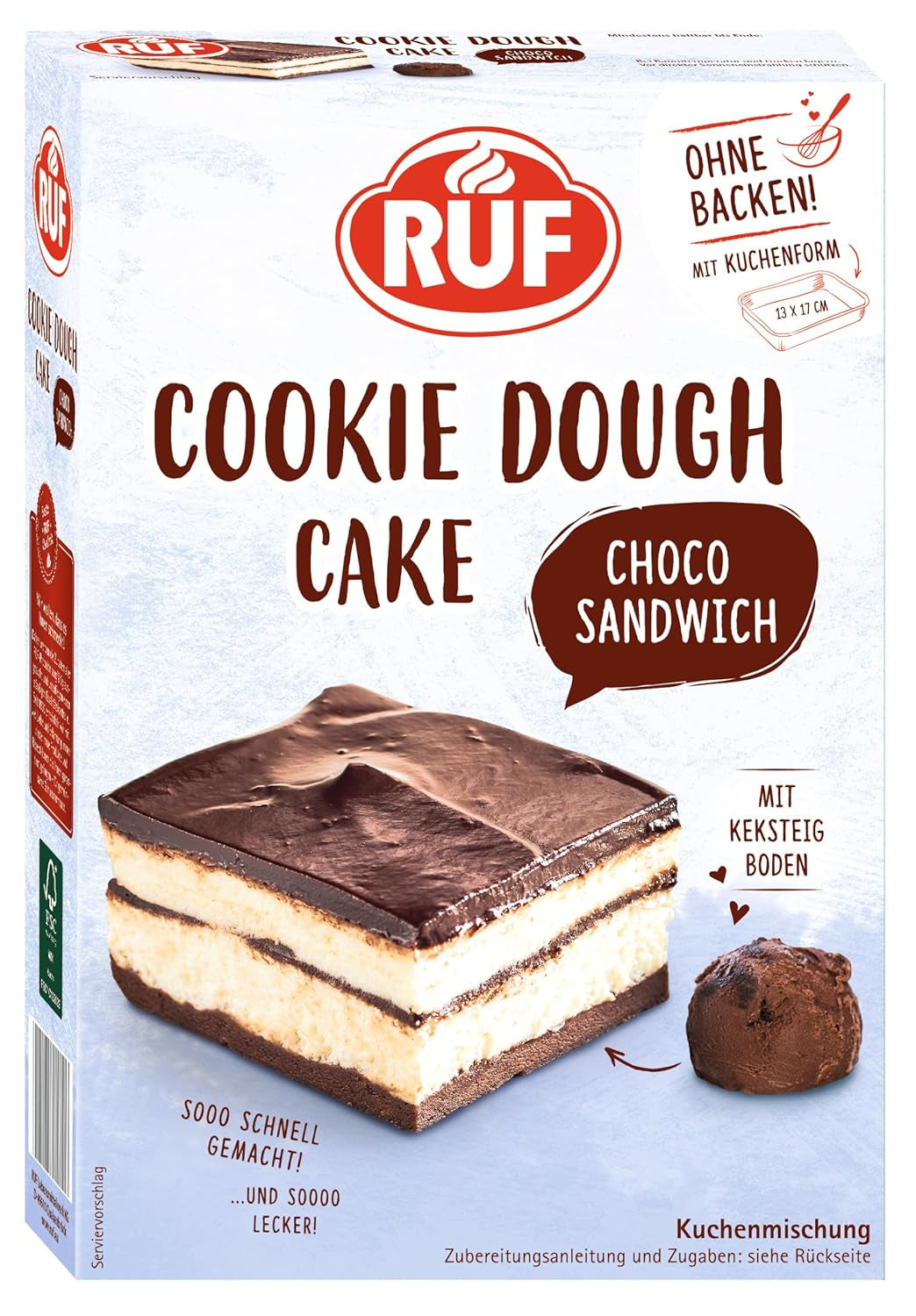 RUF Cookie Dough Cake Ohne Backen, Tortenboden Aus Keksteig Mit Frischkäse-Creme Und Schokoladenstückchen, Inkl. Kuchenform, 1X325G Blanding til bagning og madlavning Naty Shop 320 G (1Er Pack) Cookie Dough Sandwich