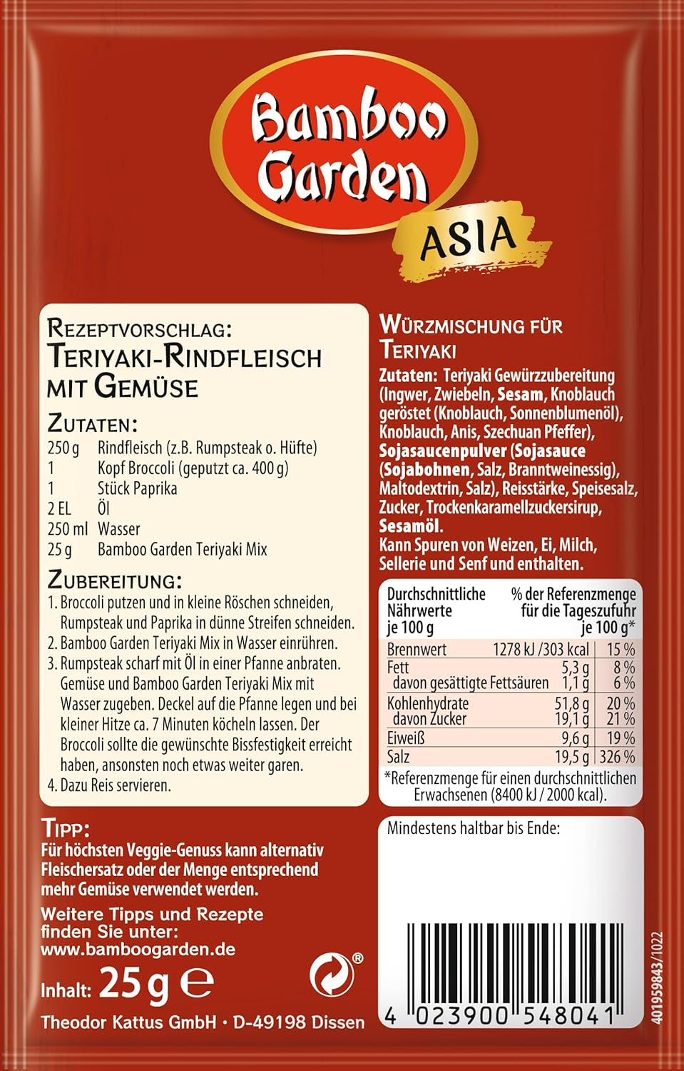 Bamboo Garden - Teriyaki krydderblanding , Gewürzmischung für Teriyaki , Für 4 Portionen , Ohne Geschmackverstärker og Konservierungsstoffe , 1 x 25 g (Verpackungsdesign kann abweichen)