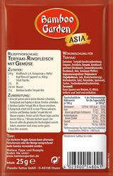 Bamboo Garden - Teriyaki krydderblanding , Gewürzmischung für Teriyaki , Für 4 Portionen , Ohne Geschmackverstärker og Konservierungsstoffe , 1 x 25 g (Verpackungsdesign kann abweichen)