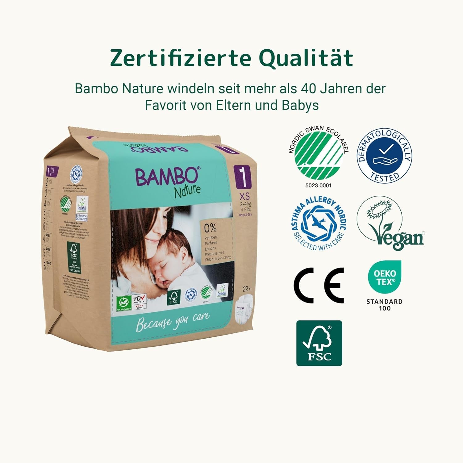Bambo Nature Babybleer, Størrelse 1 (2-4 kg), 132 Count Månedsæske | Premium bleer med forbedret lækagebeskyttelse | Ultimativ komfort og frihed for nyfødte | Dermatologisk testede bleer