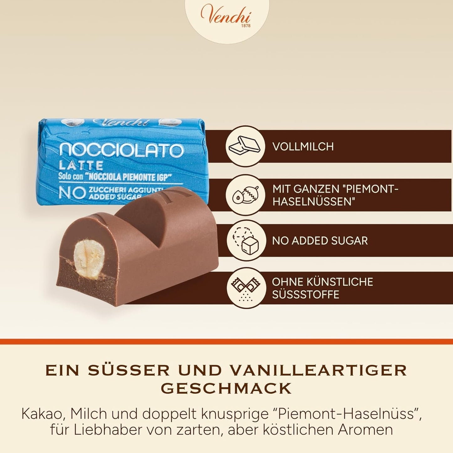 Venchi - Chokoladebarer med mælk og hasselnødder - 70% sukker - Praliner med BGB Piemonte hele hasselnødder, 1 kg - Glutenfri