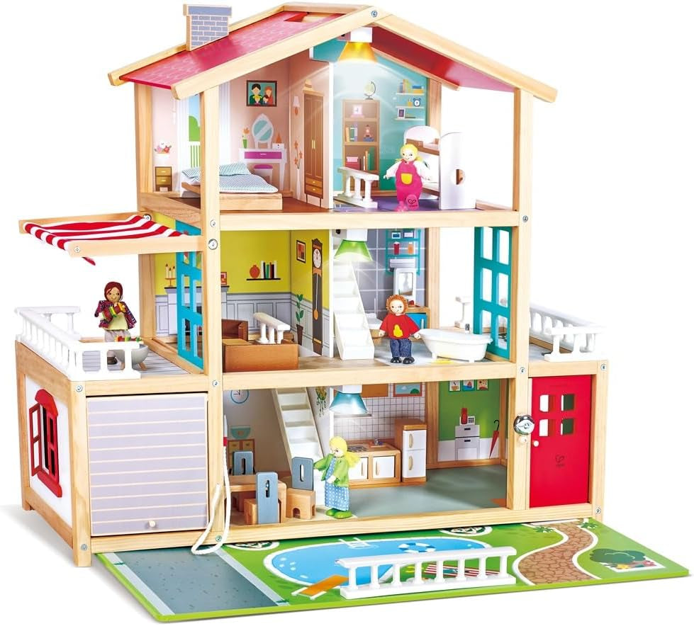 Hape Dukkevilla 10-værelses trædukkehus Kreativt rollespil inklusive møbler og tilbehør Pædagogisk legetøj for 3 år og opefter