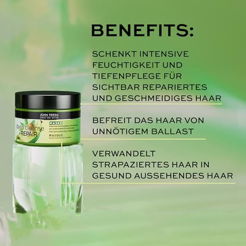 John Frieda - Deep Cleanse & Repair Mask / Treatment - Indhold: 250 ml - Med hampfrøolie + nærende avocado - Beroligende hårmaske til beskadiget hår Naty Shop hårmaske