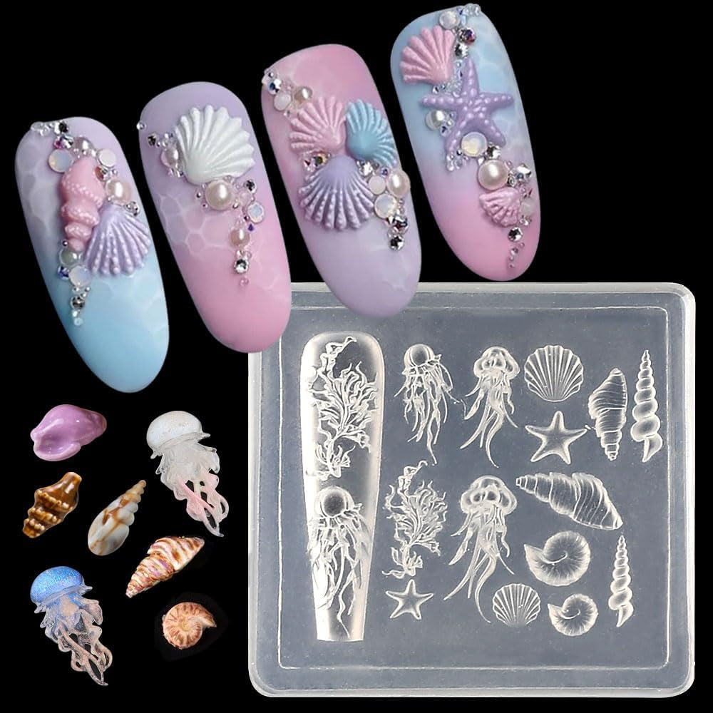 3D Gel Nail Art Silikonformen Gießformen Ocean Nail Charms Nageldesign Silikonform Quallen Muschel Nagelstempel Koralle Seestern Nagelschablonen Sommer Nagel Charms Nagel Schablone Nägel Tilbehør