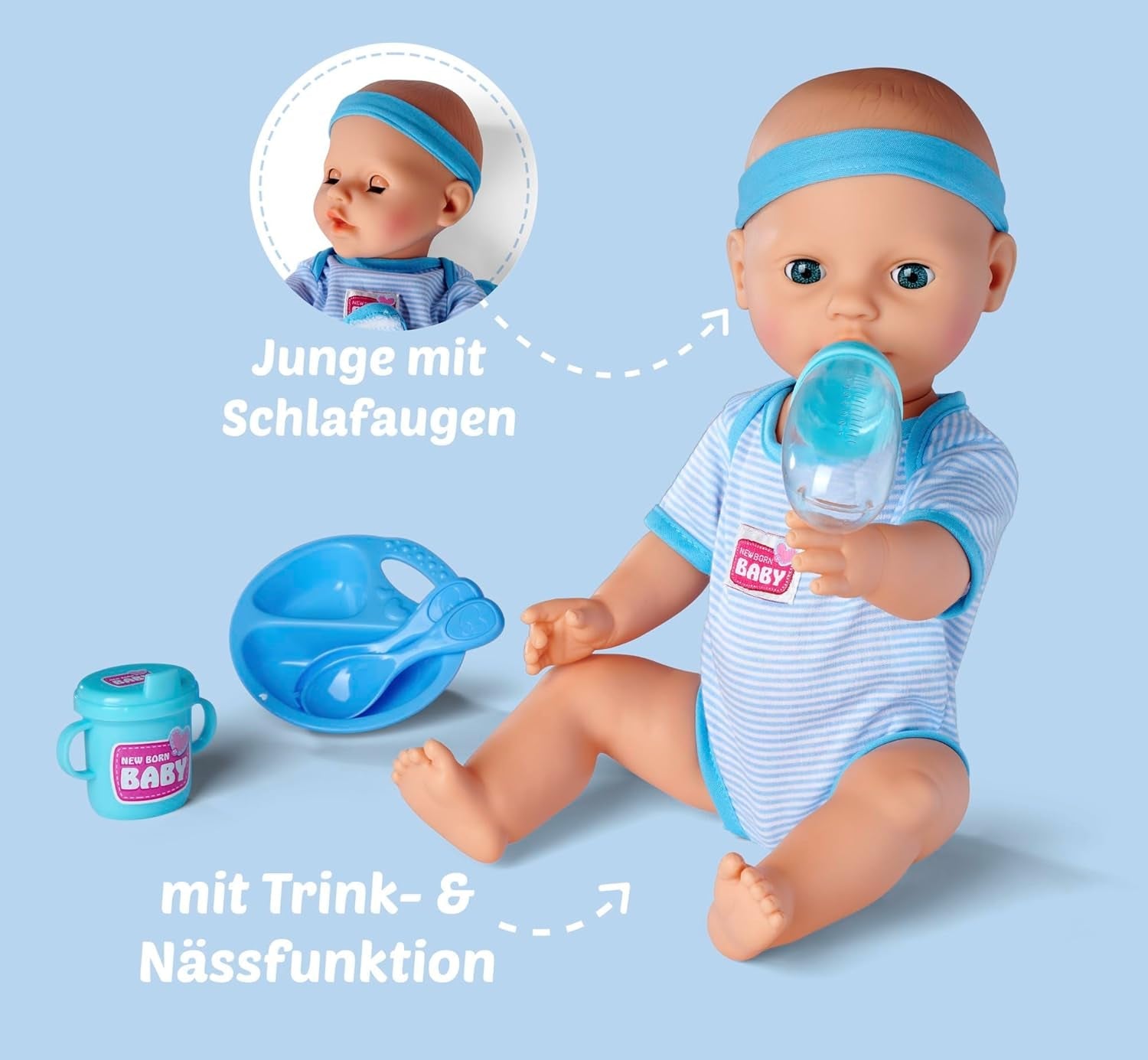 Simba 105030044 - Nyfødt dukke - dreng, fuld vinyldukke med sovende øjne, drikke- og befugtningsfunktion og tilbehør, 8 stykker, 43 cm, babydukke, 3+