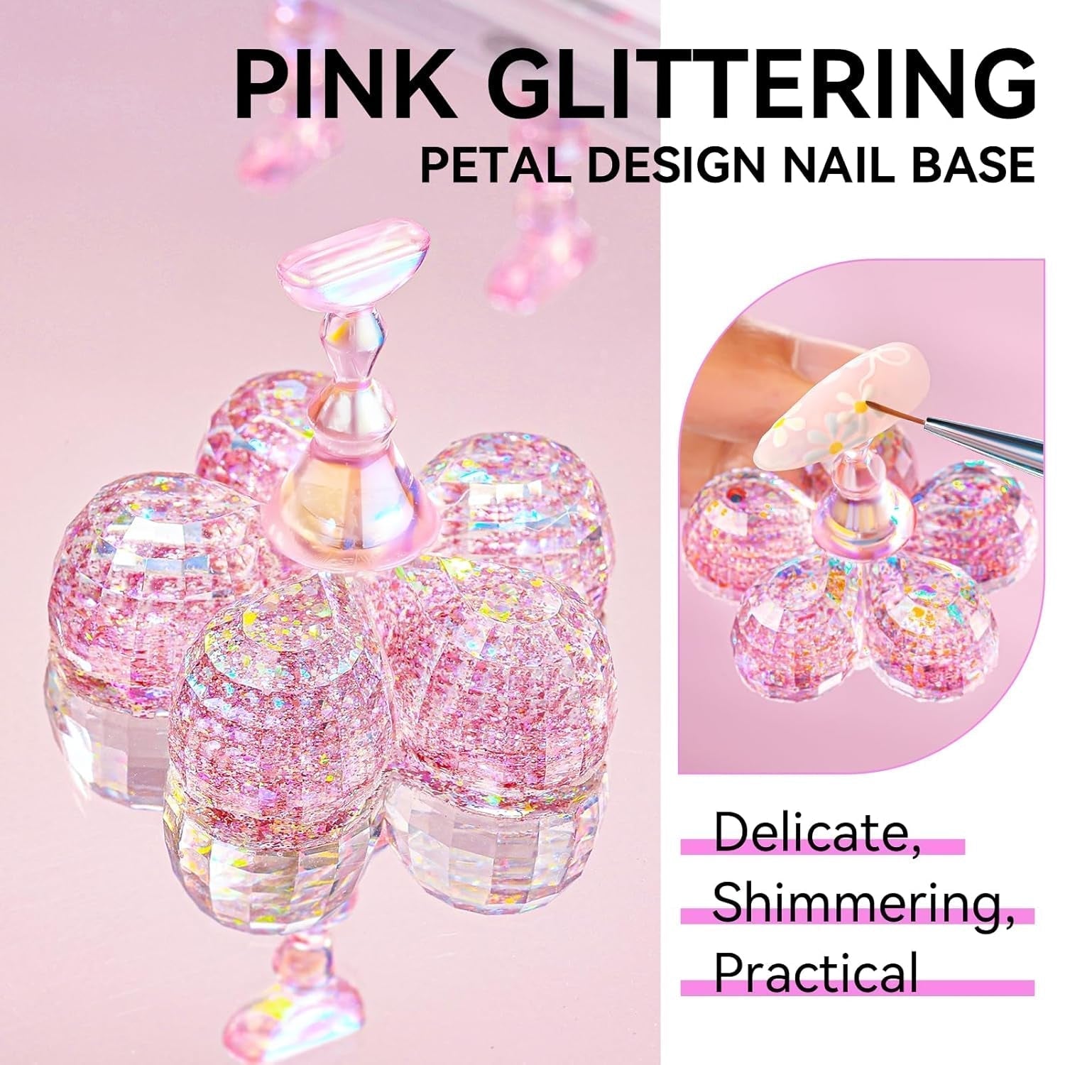 Makartt Akryl negleholder, magnetisk negleholder, negleholder, transparent pink negleholder med 48 klæbende kit
