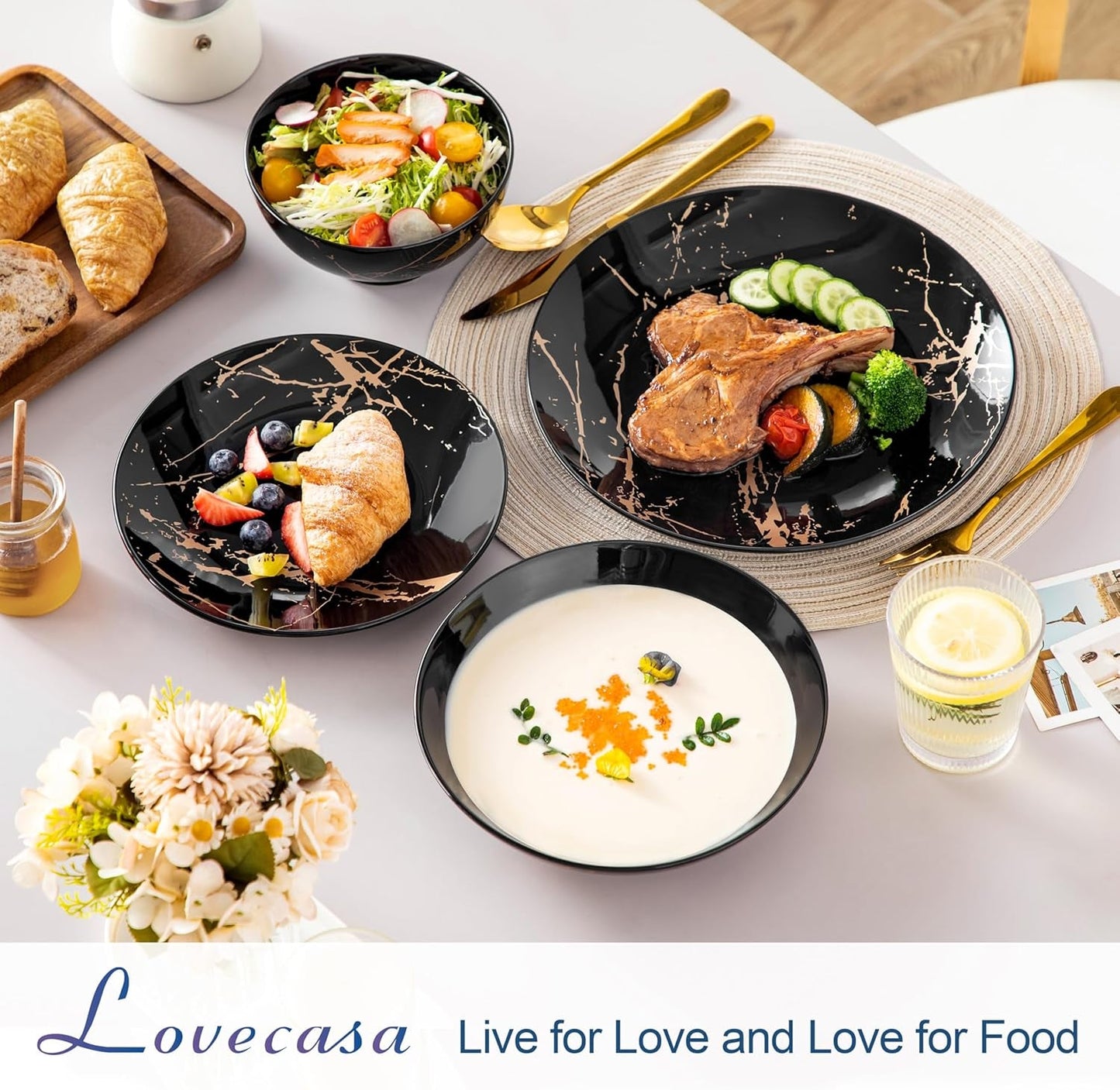 LOVECASA Daphne Series Porcelænsservisesæt SWEET 24-delt kombinationssæt Gulddesign Middagstallerkener Desserttallerkener Korn skåle og middagstallerkener til 6