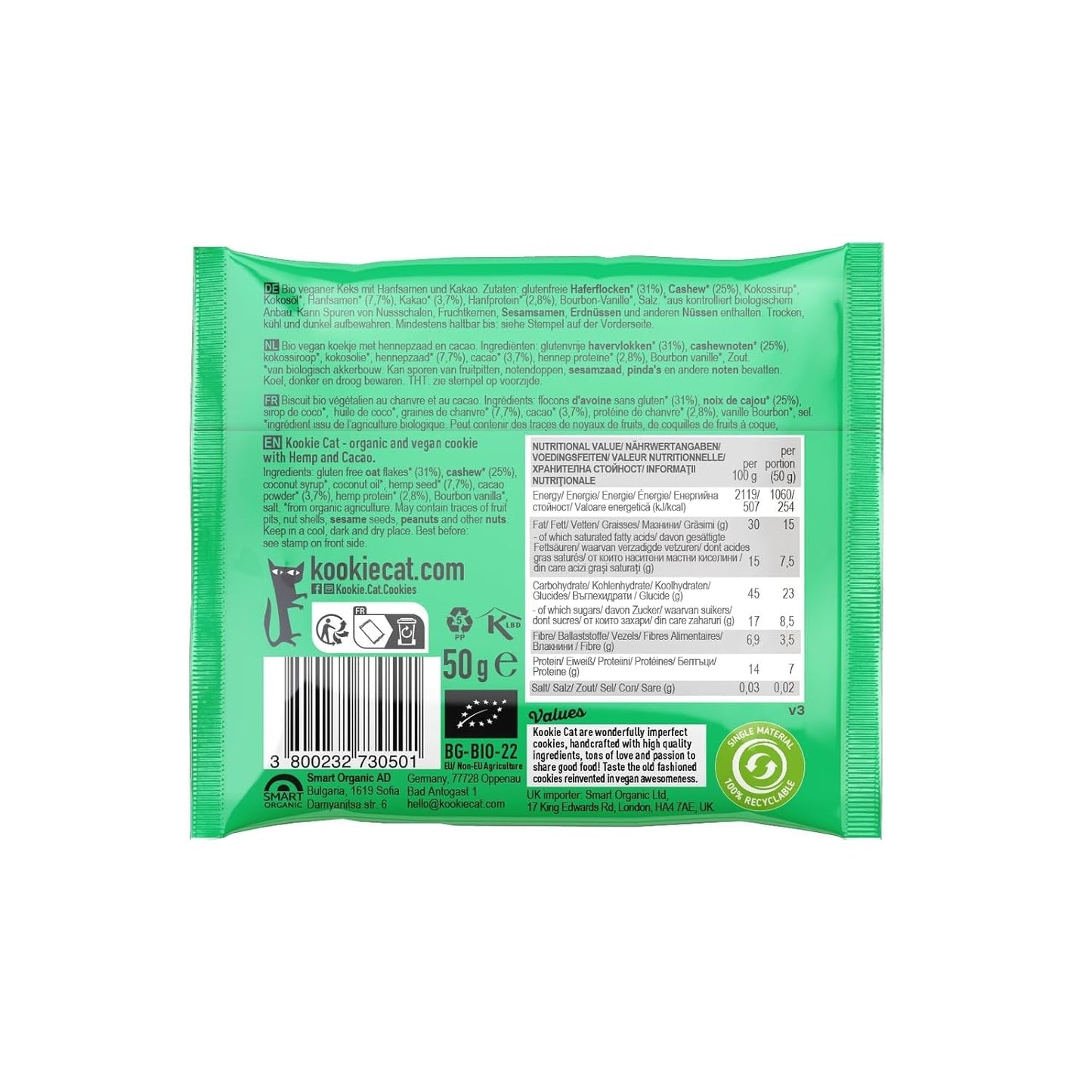 Hampfrø og kakao - individuelt indpakket vegansk glutenfri sojafri økologisk cashew- og havrekager - 12 x 50 g multipak