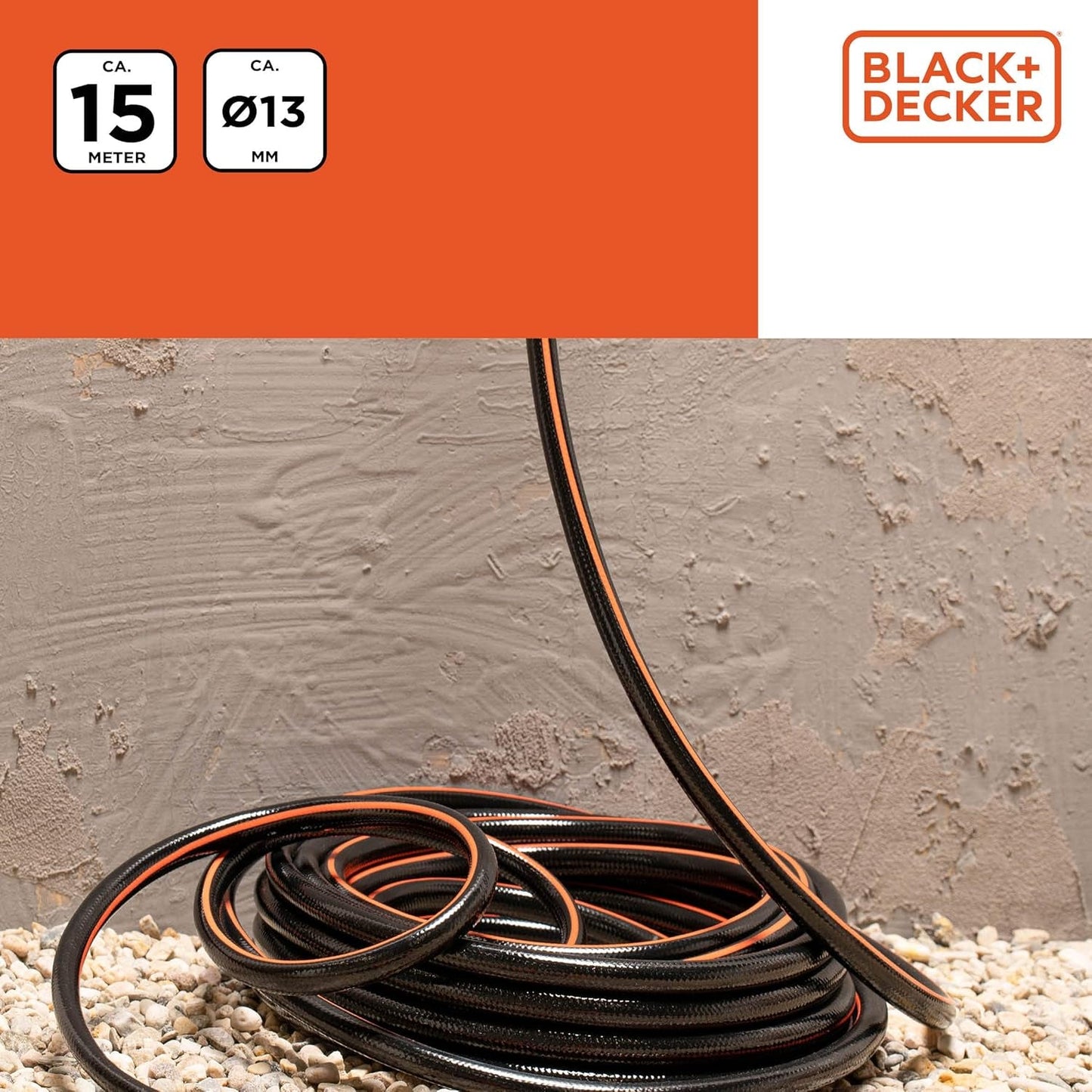 BLACK+DECKER Haveslange 15 meter - Ø13MM - Holdbar PVC - Vanding af haven, vask af bilen, fylde poolen - Kompatibel med enhver standard vandhane - Sort/Orange