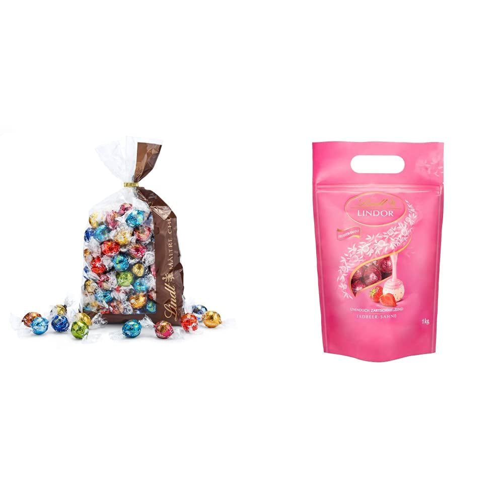 Chokoladeblanding LINDOR | 1371 g | Ca. 109 kugler: Mælkechokolade og LINDOR kugler med jordbærcreme | 1 kg pose, ca. 80 chokoladekugler hvid chokolade med jordbærcreme