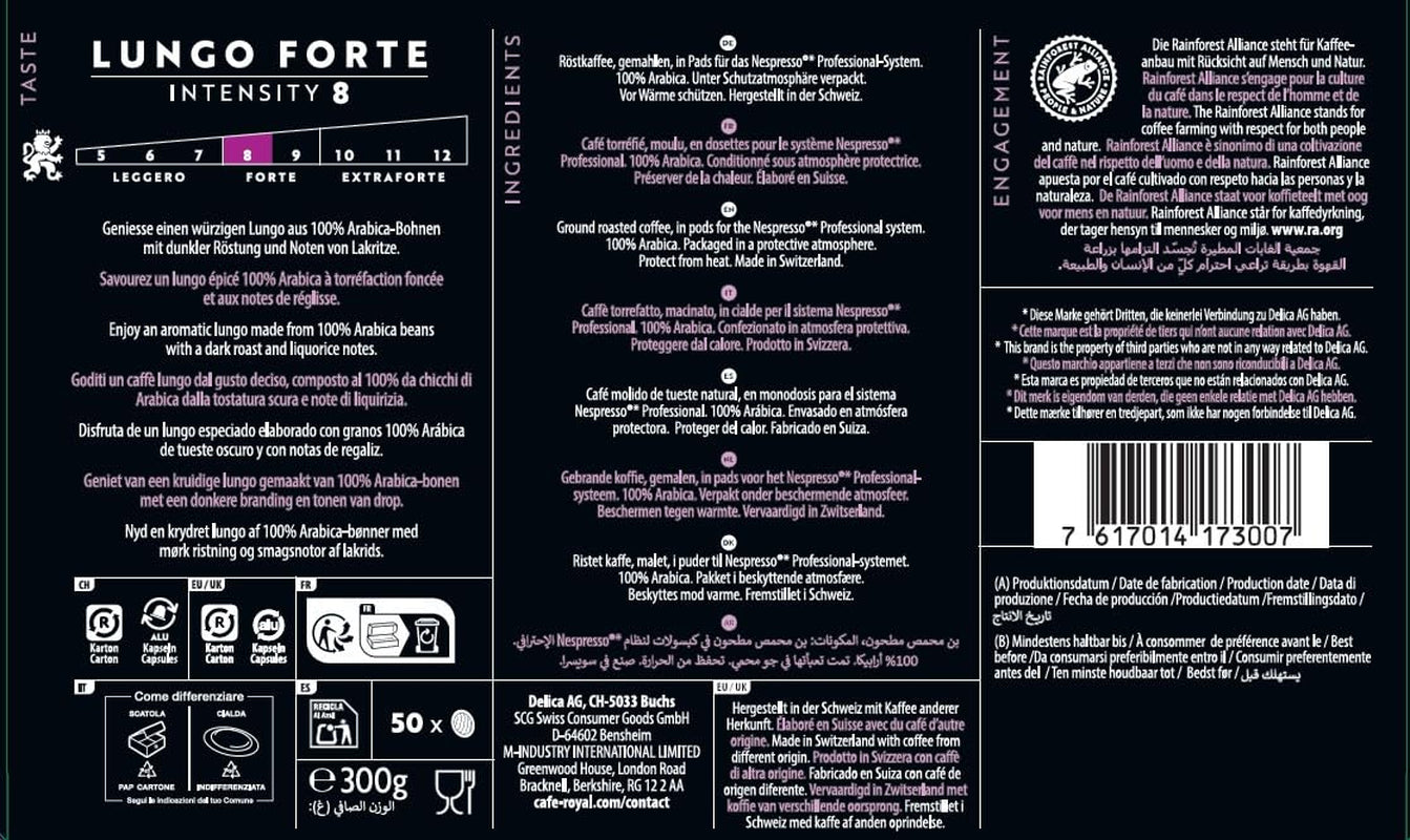 Café Royal Professional Pads, Lungo Forte, 50 Nespresso (R) Professionelle kompatible puder til kontor og gastronomie, Rainforest Alliance certificering, 100 Prozent Arabica Kaffee, Intensitet 8