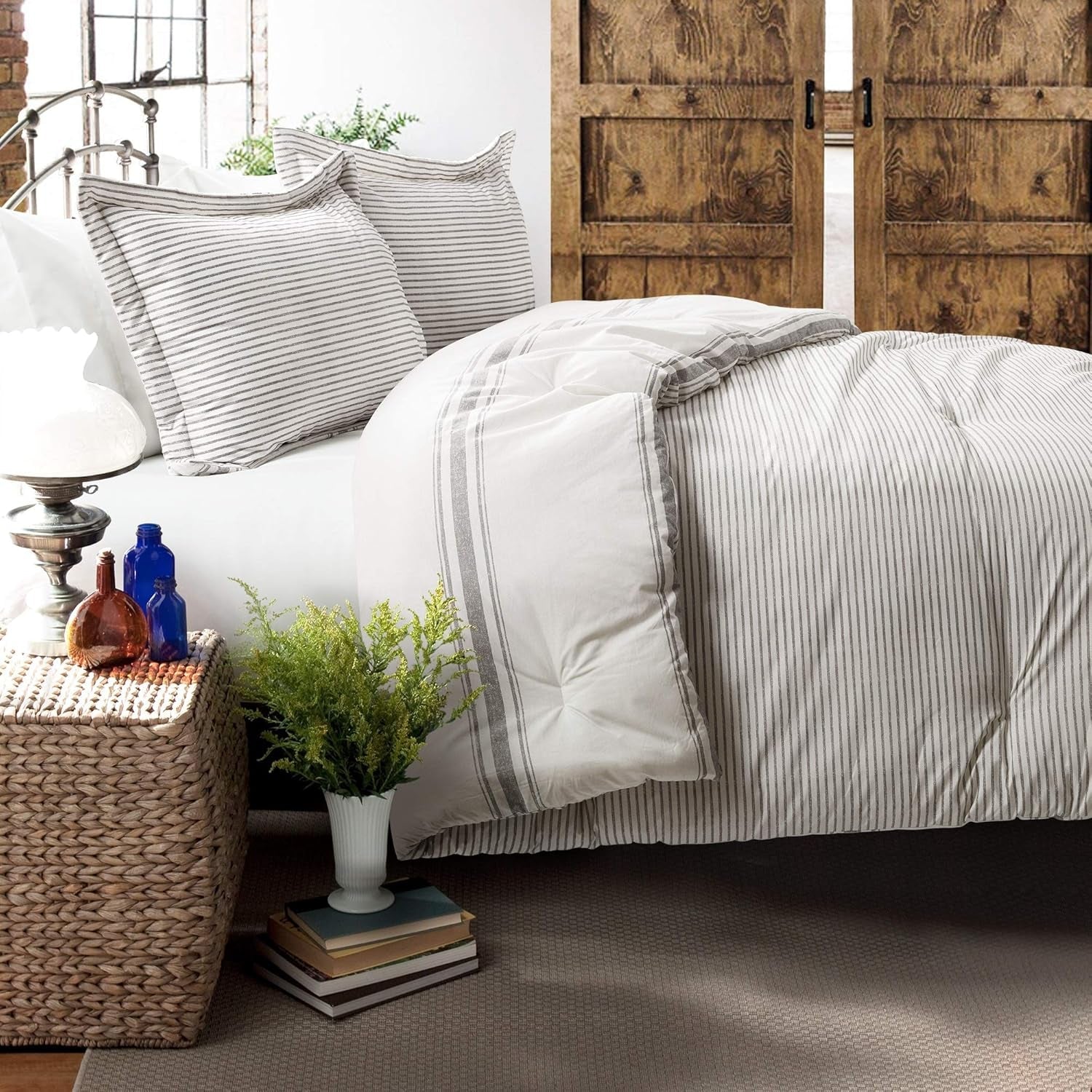 Lush Decor Farmhouse quilt med striber, Full/Queen, grå dyner og dyner Naty Shop