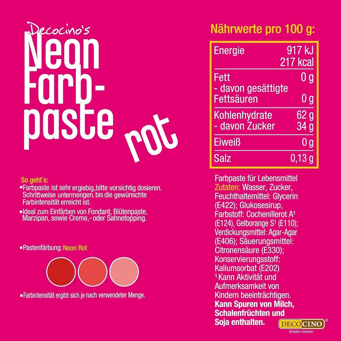 Decocino Neon Food Paste Red – Høj dosis madfarve – Til farvening af kager, muffins, cupcakes – Smagløs