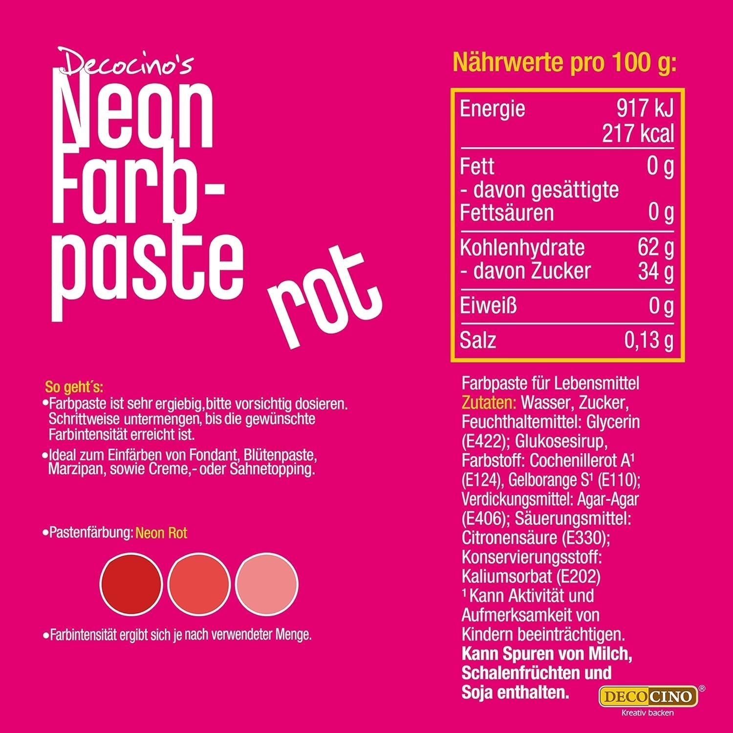 Decocino Neon Food Paste Red – Høj dosis madfarve – Til farvening af kager, muffins, cupcakes – Smagløs