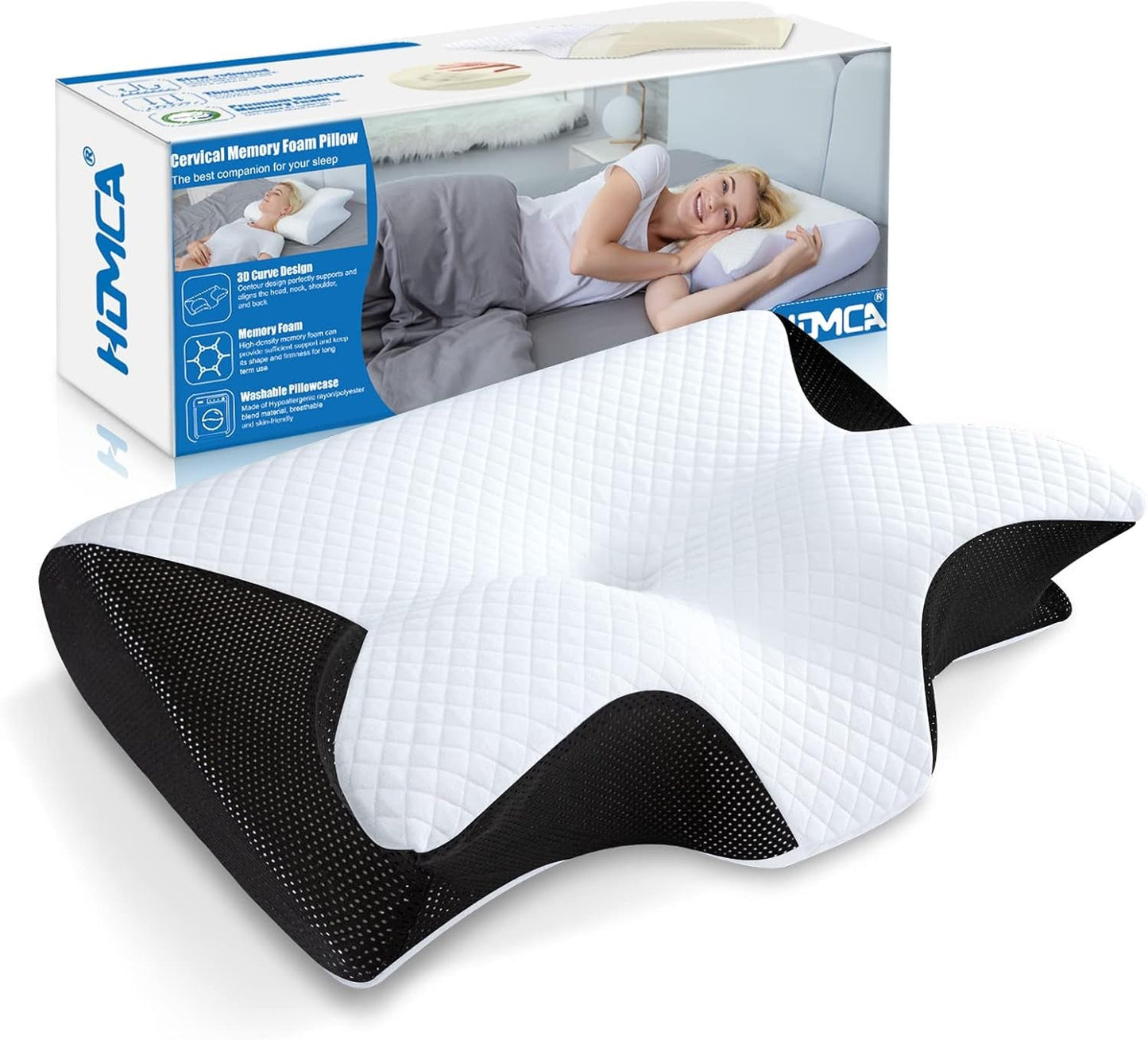 HOMCA nakkepude ortopædisk pude 2 i 1 memoryskum pude nakkestøttepude Ergonomisk hovedpude til ryg-, side- og mavesmerter 60 X 13/11 X 40 cm Cervikale ortopædiske puder Naty Shop Black