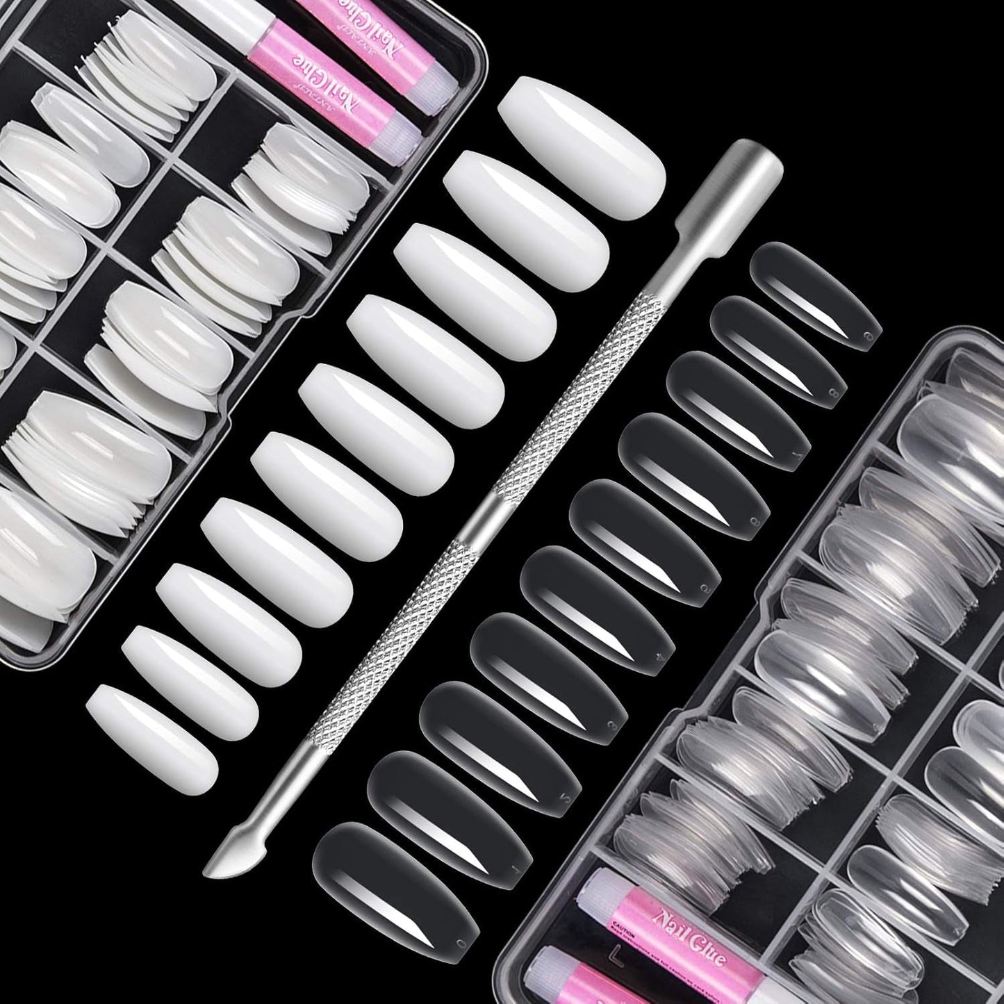 200 stk falske neglespidser 10 størrelser kunstige akrylnegle med neglebåndsskubber og klar boks til kvinder og piger (naturlig og gennemsigtig)