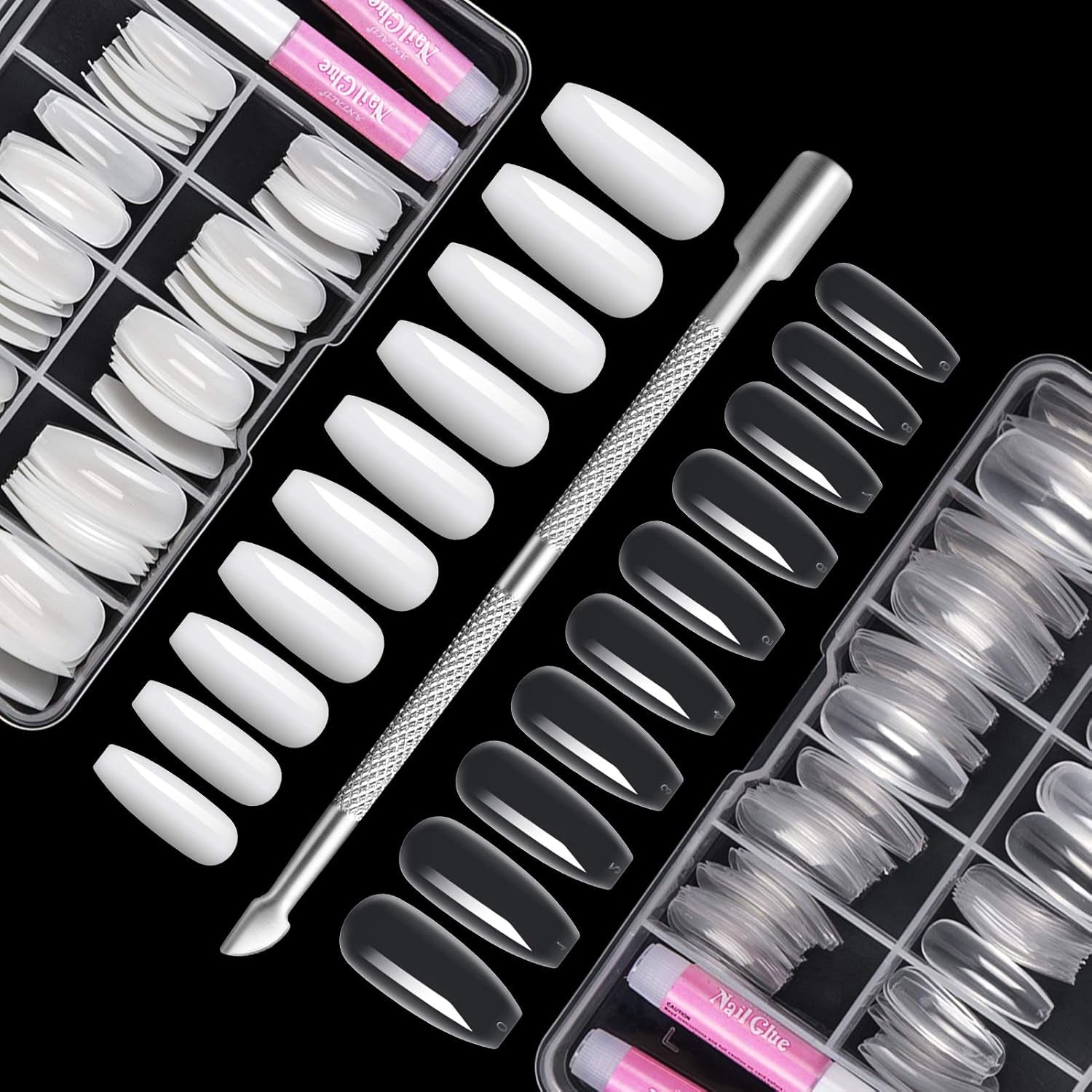 200 stk falske neglespidser 10 størrelser kunstige akrylnegle med neglebåndsskubber og klar boks til kvinder og piger (naturlig og gennemsigtig)