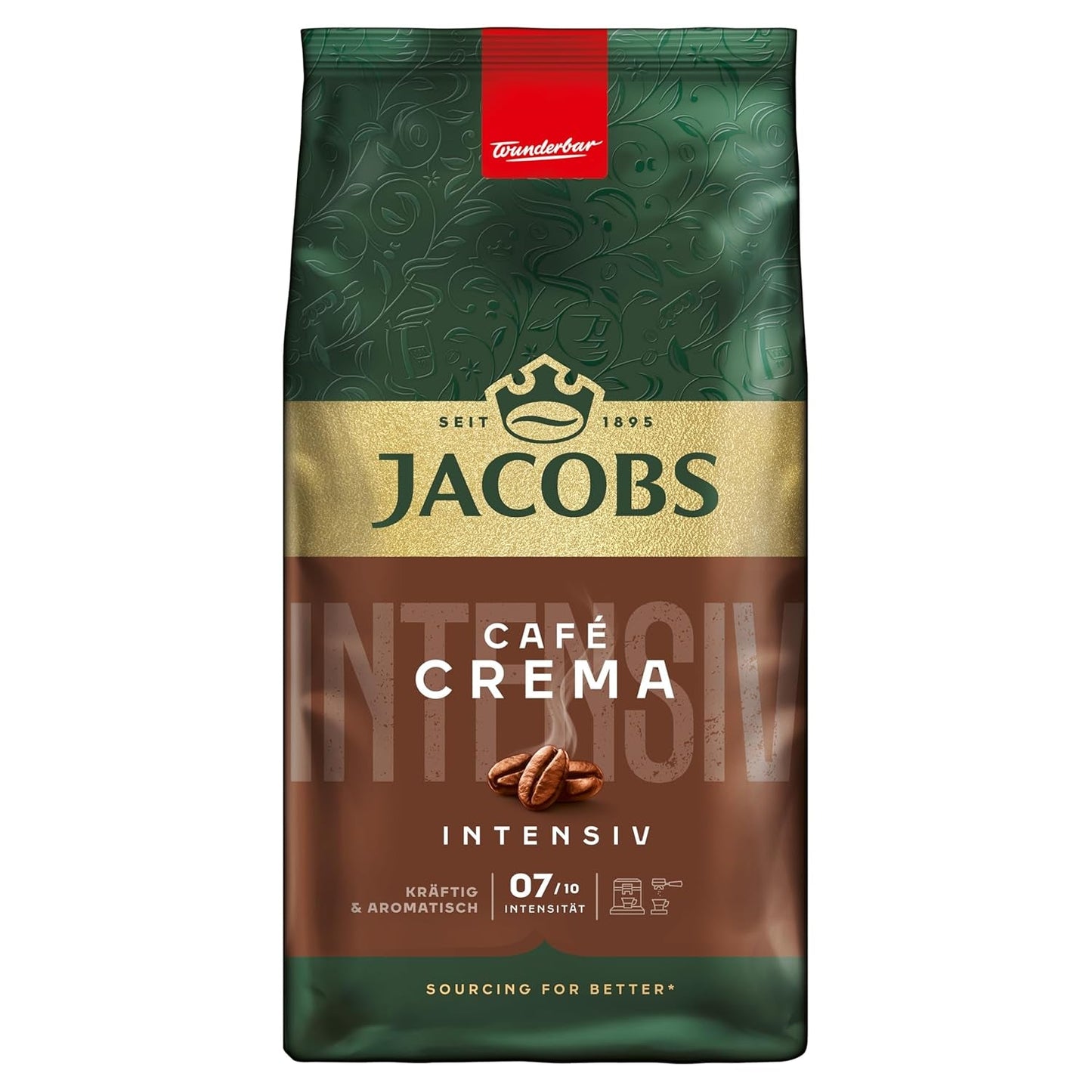 Jacobs Kaffeebohnen Café Crema Intense, intensiv med Kakao- & Nussnote, geröstet i Bremen, Intensität 7/10, Kaffee ganze Bohnen, 1 kg