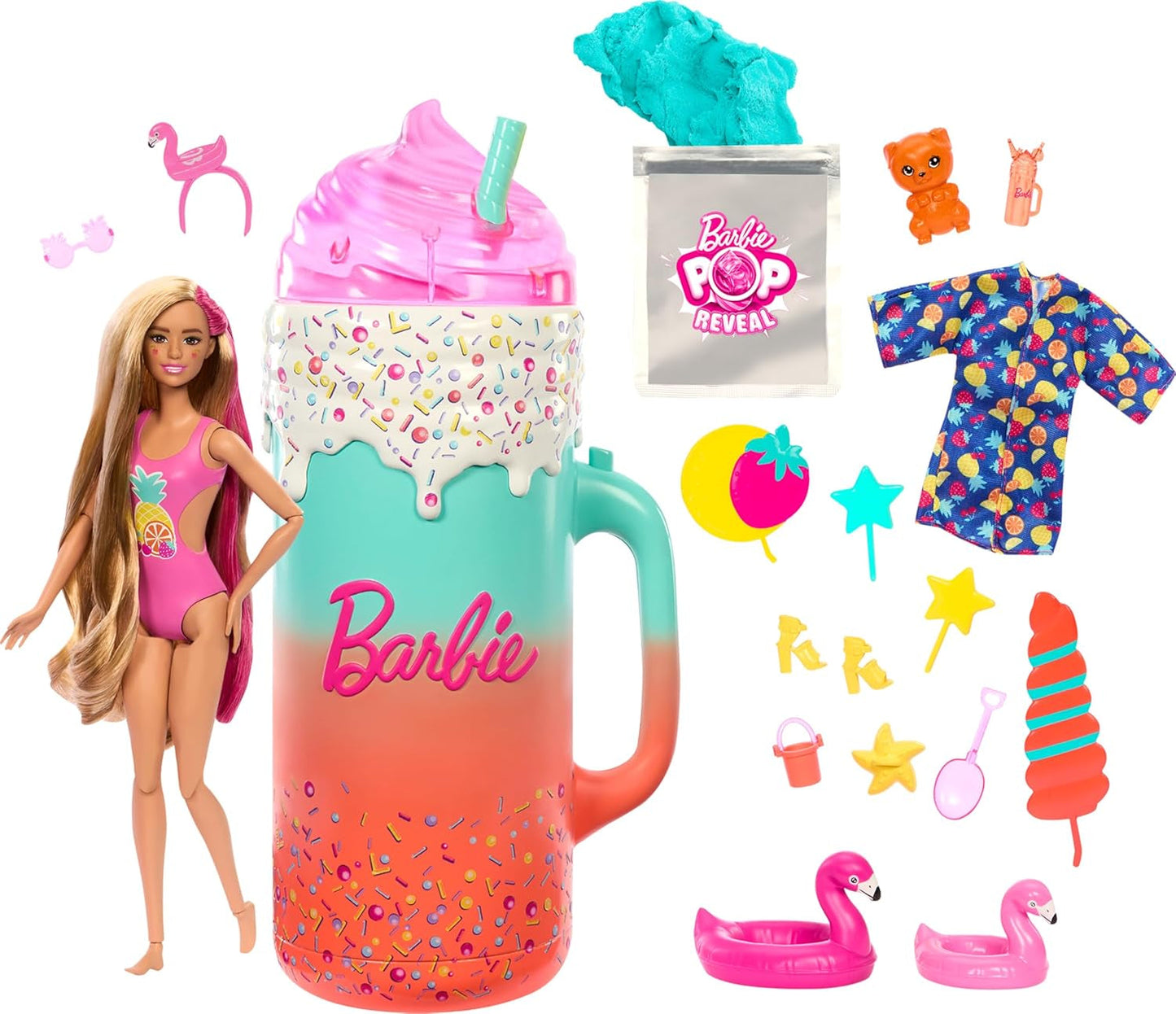 BARBIE Pop Reveal Rise & Surprise Gavesæt - 15+ overraskelser inklusive 1 Barbie-dukke, strandtilbehør til legende og frugtig sjov for børn fra 3 år og opefter, HRK57