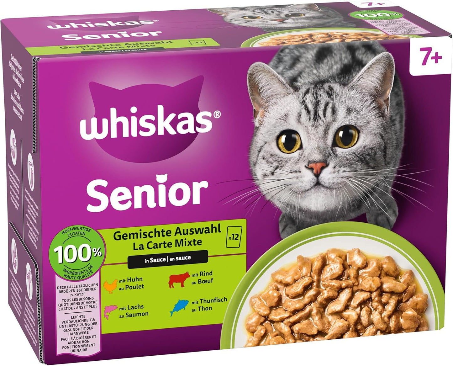Whiskas Senior 7+ vådfoder blandet udvalg i sauce, 48 poser, 12x85 g (pakke med 4) - vådfoder af høj kvalitet til katte fra 7 år og derover