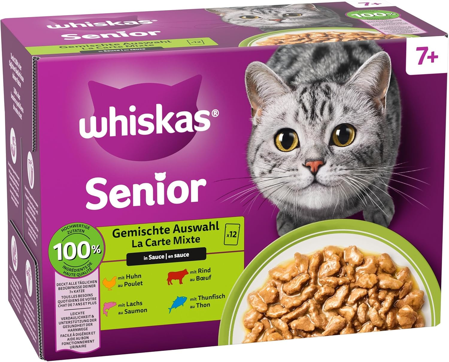 Whiskas Senior 7+ vådfoder blandet udvalg i sauce, 48 poser, 12x85 g (pakke med 4) - vådfoder af høj kvalitet til katte fra 7 år og derover