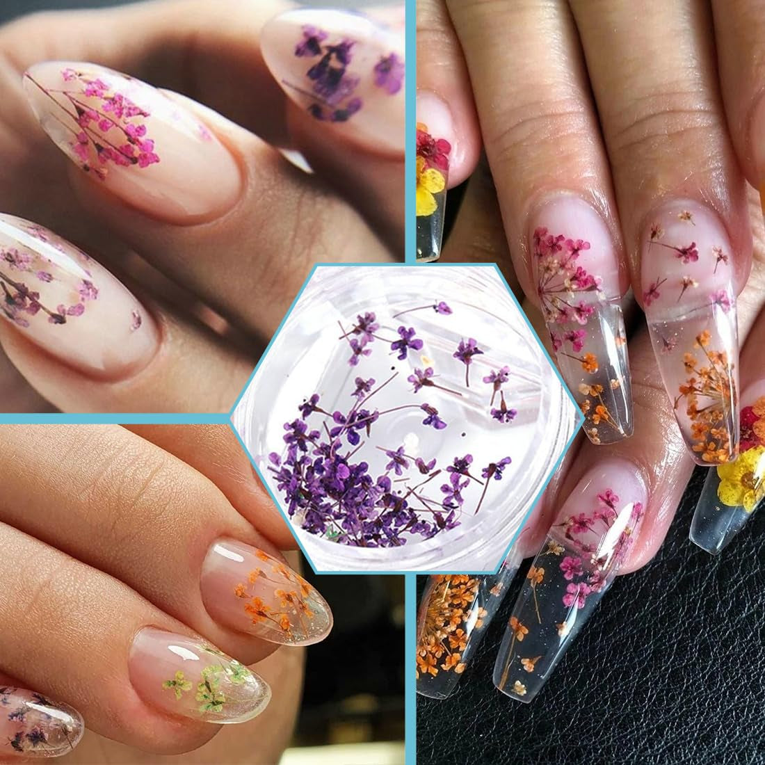 EYVRPAU 6 Stück Nail Art Flowers Set Decoration, Gelnägel Zubehör 6 Farben, Nail Art Aufkleber Trockene Blumen Kit Getrocknete Blumen Zubehör Set DIY Nageldekoration
