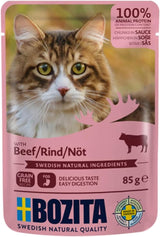 Bozita Pouch Vådfoderstykker i oksekødsauce - 12 poser x 85g Korn- og hvedefrit vådfoder til katte - Vådfoder til voksne katte med 8,5 % protein og 4,5 % fedt